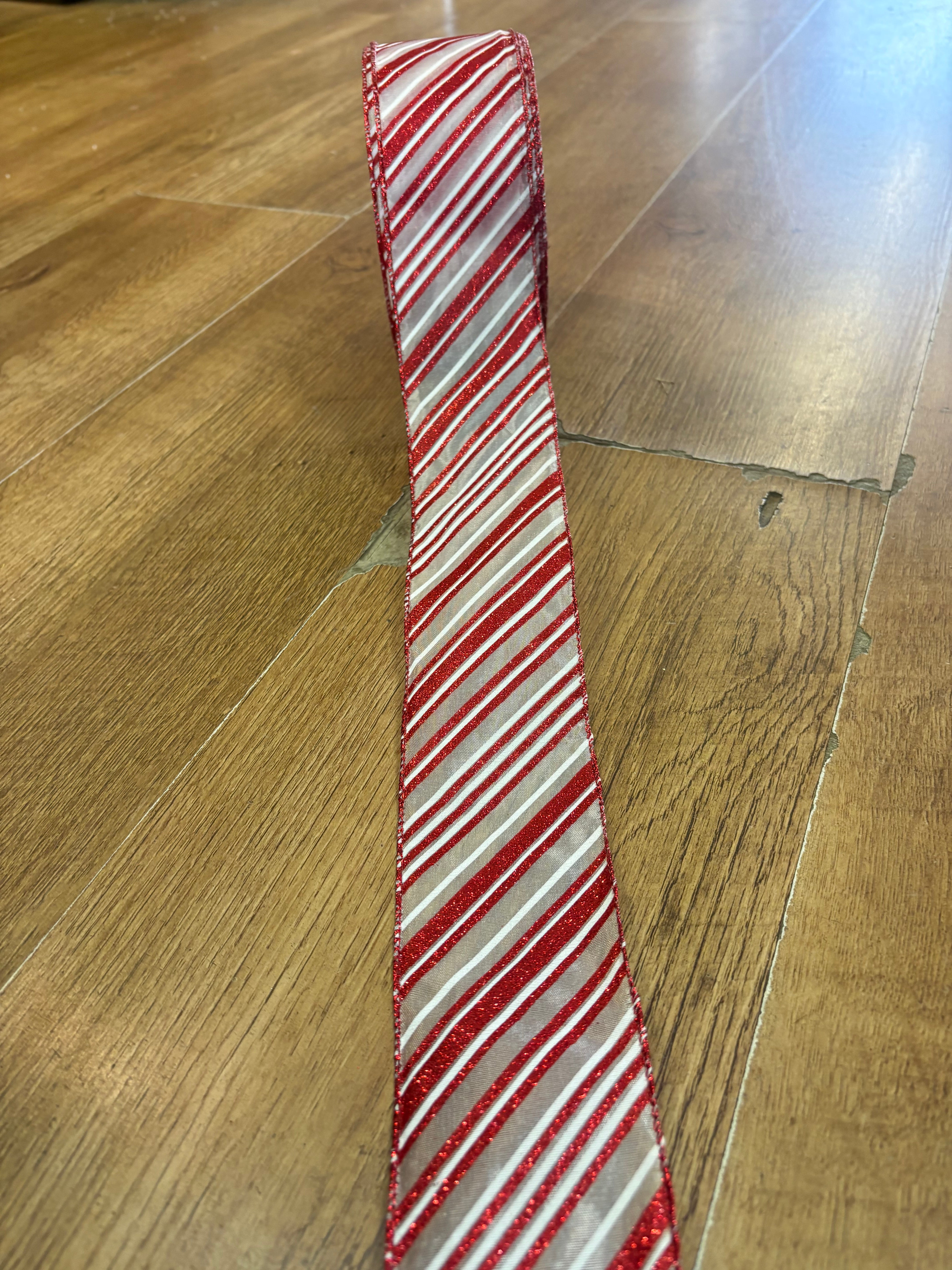 2.5 inch glittered red and white candy cane theme wired ribbon - 10 metres