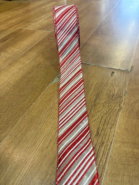 2.5 inch glittered red and white candy cane theme wired ribbon - 10 metres