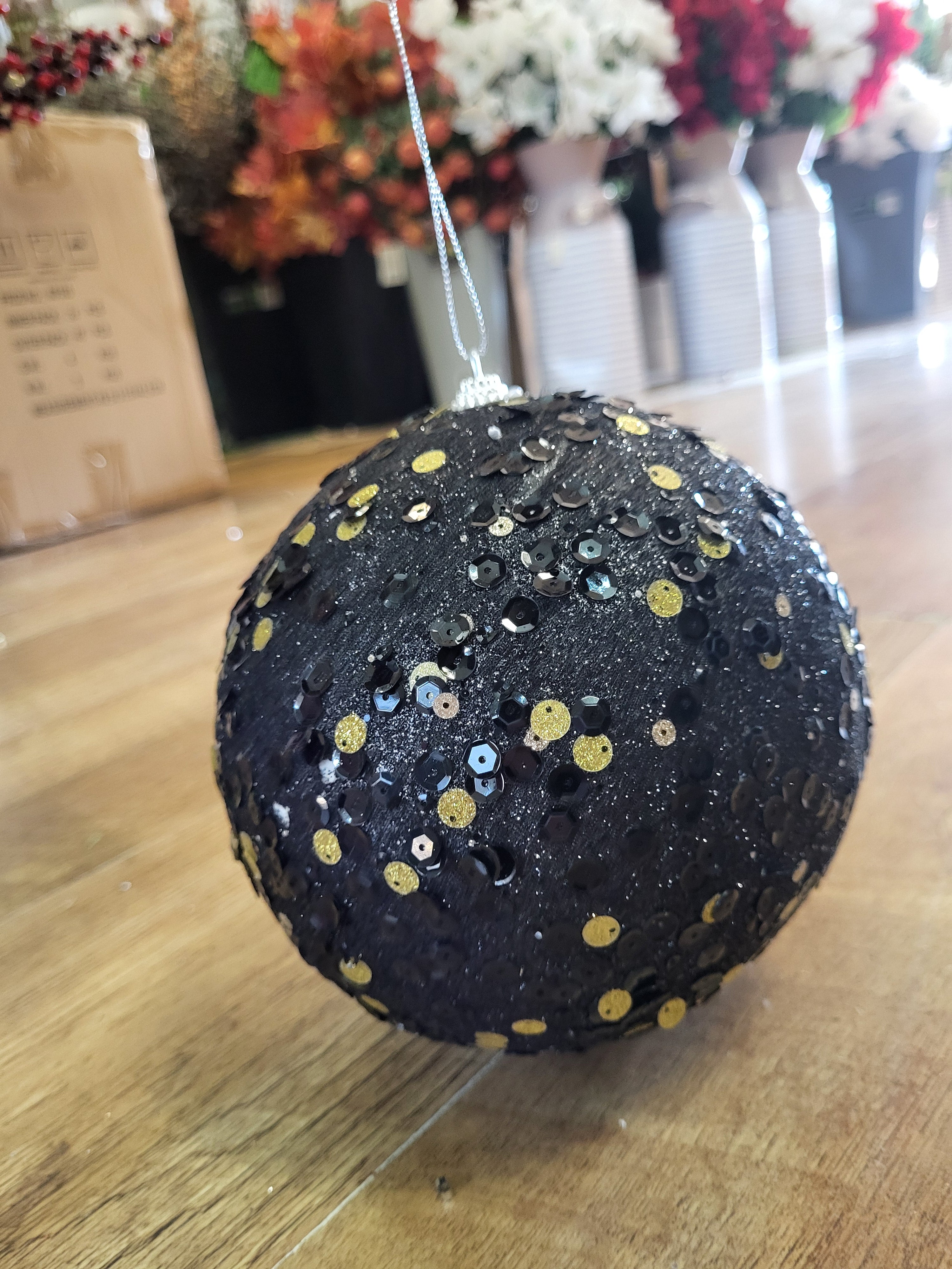 15cm sparkly black bauble with black and gold sequins image 1