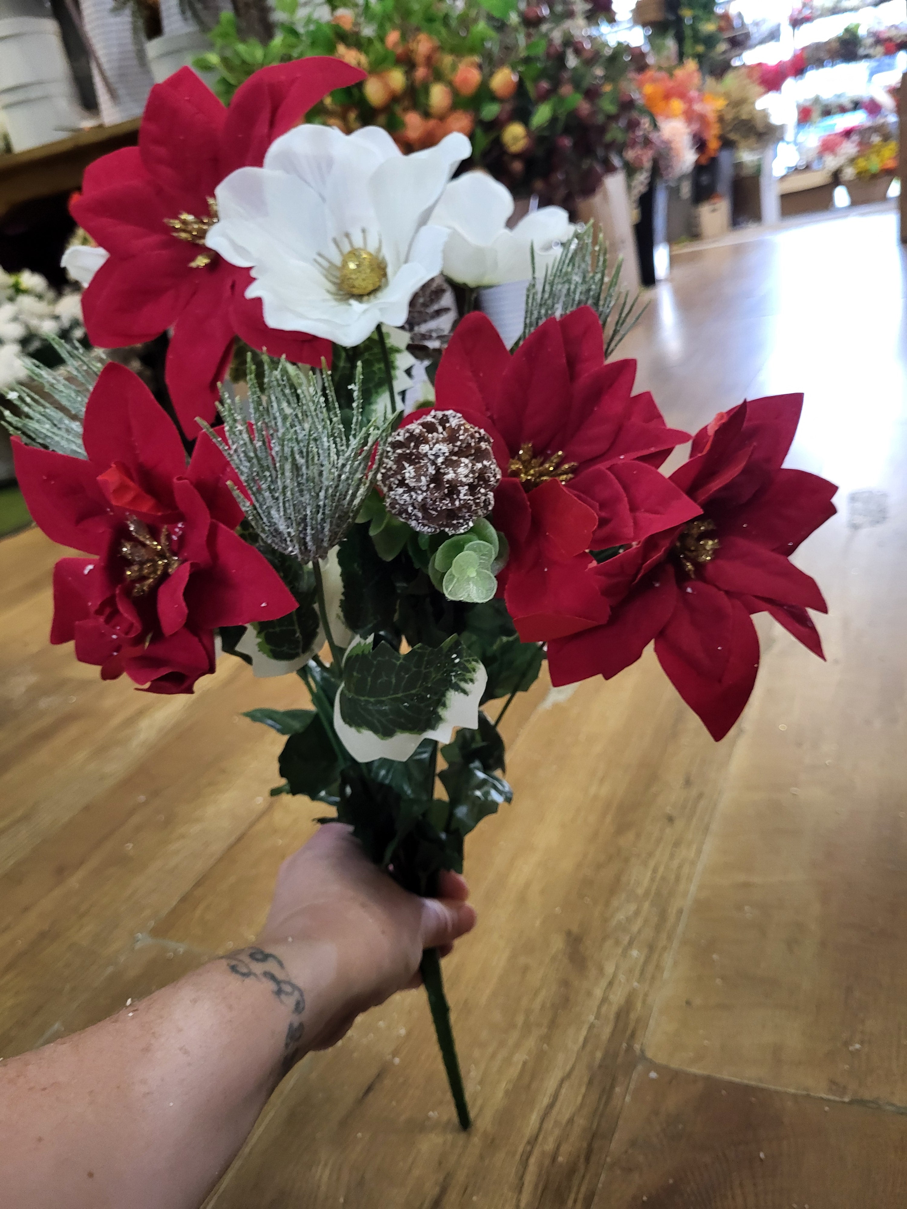 Poinsettia, poppy and and frosted foliage bunch  image 4