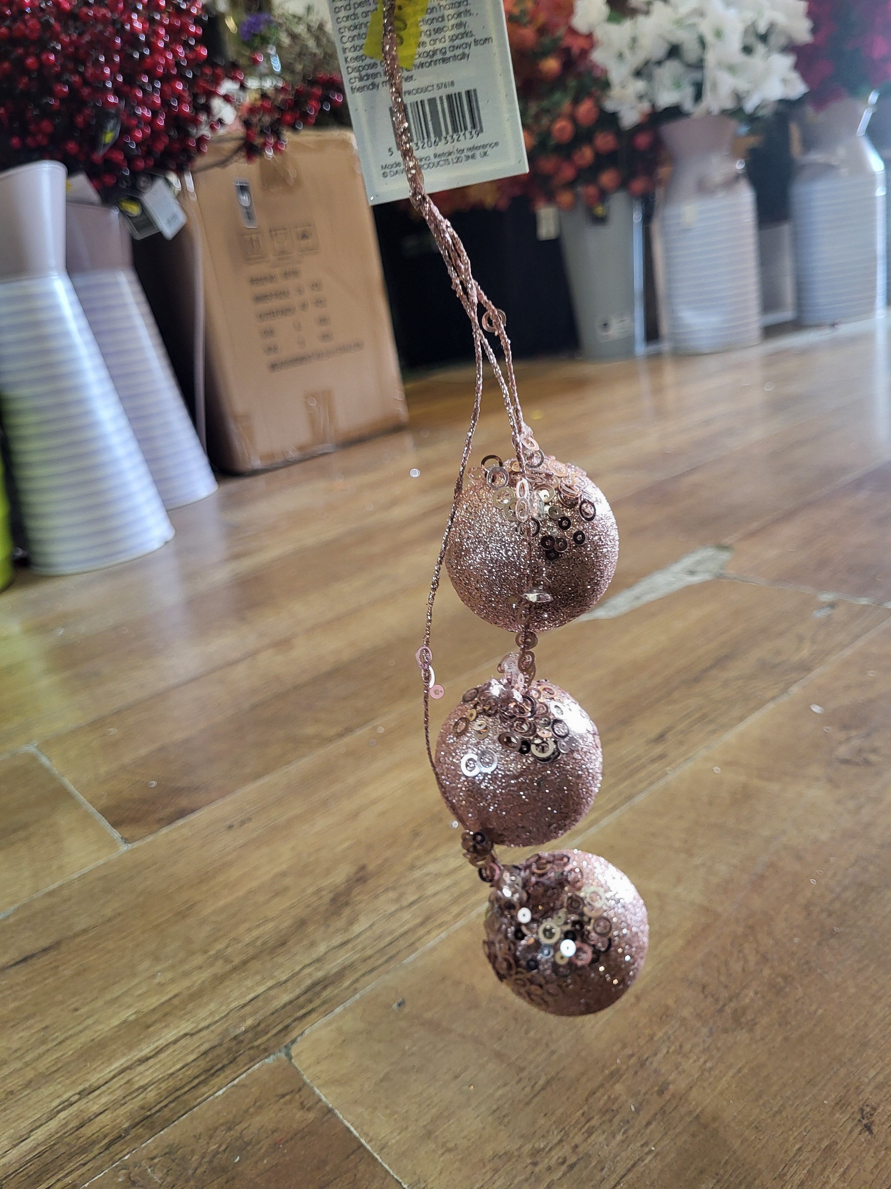 Hanging rose gold triple glittered and sequin bauble decoration image 0