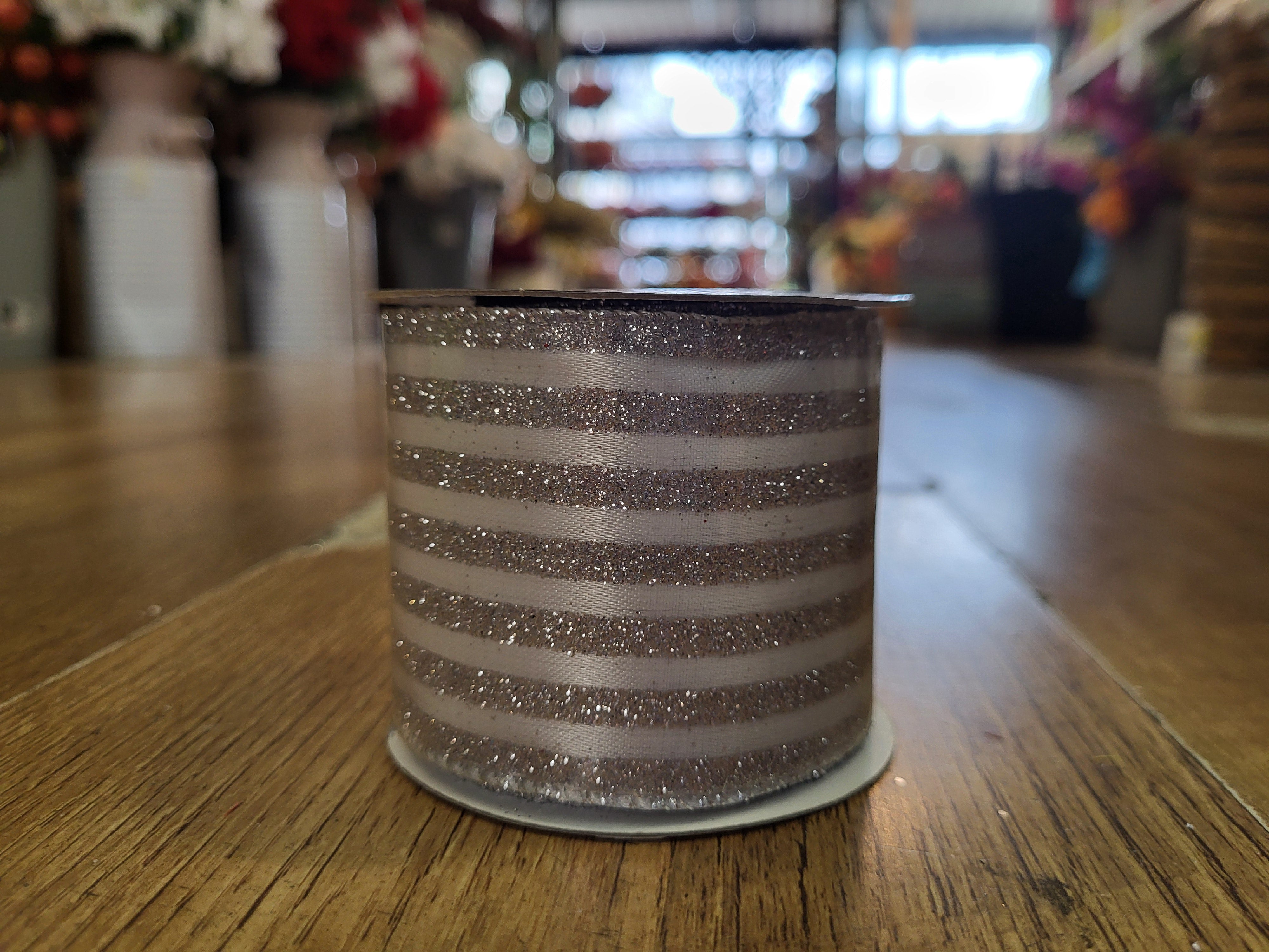 2.7m approx. roll of white/silver glitter striped wired ribbon image 1