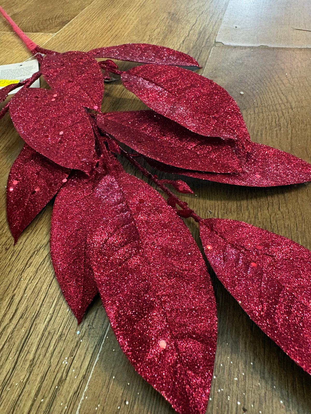 Long stem deep pink glittered foliage branch