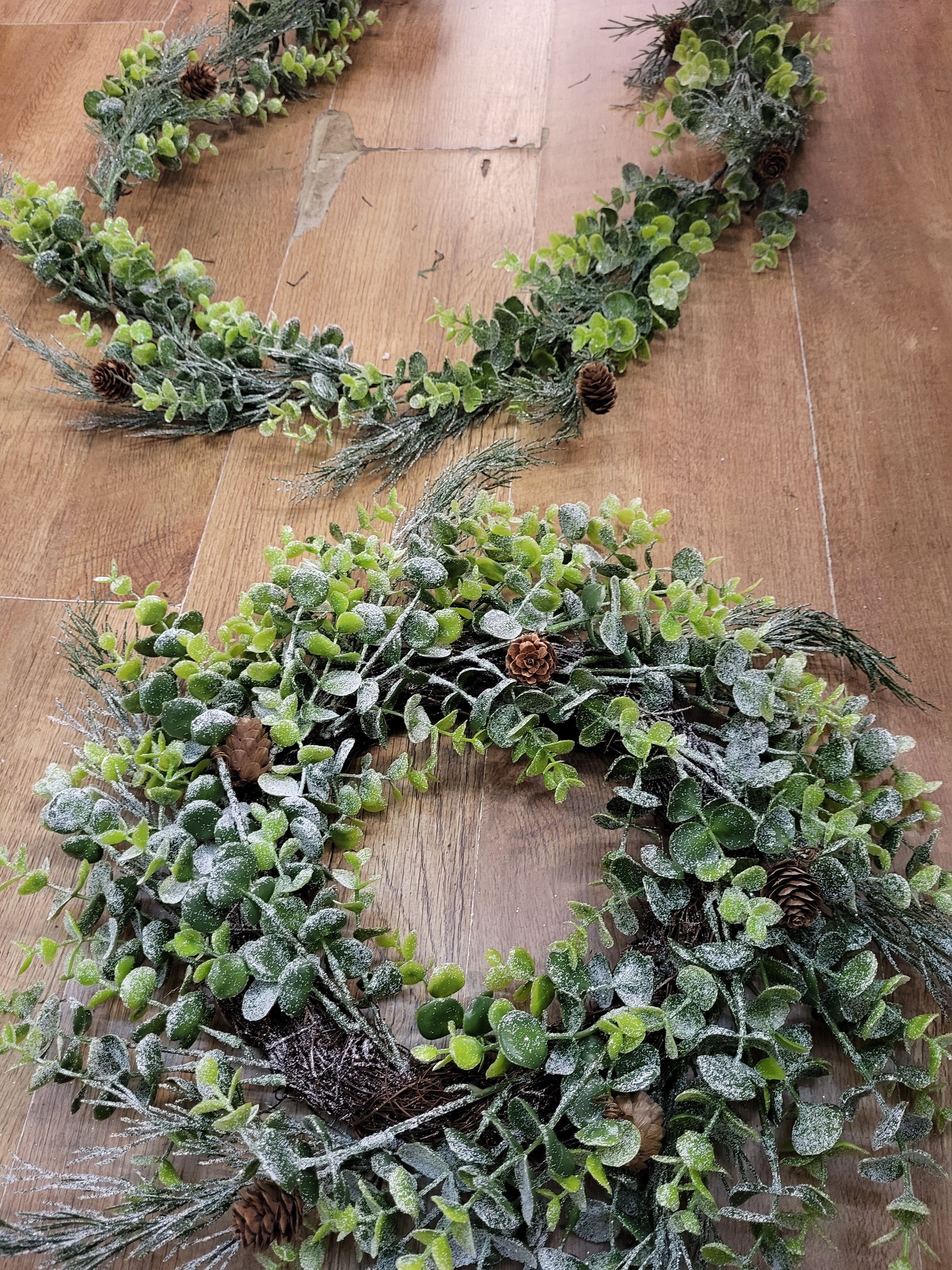 Bundle of our Frosted eucalyptus/cypress with miniature cones garland and wreath image 2