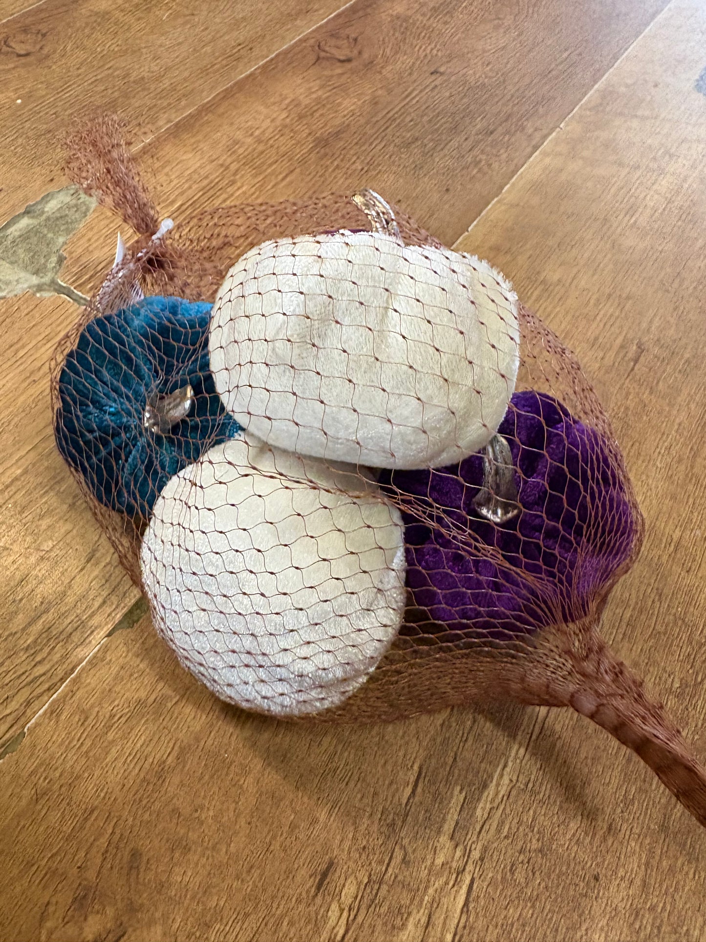 5 purple, teal and ivory small velvet pumpkins