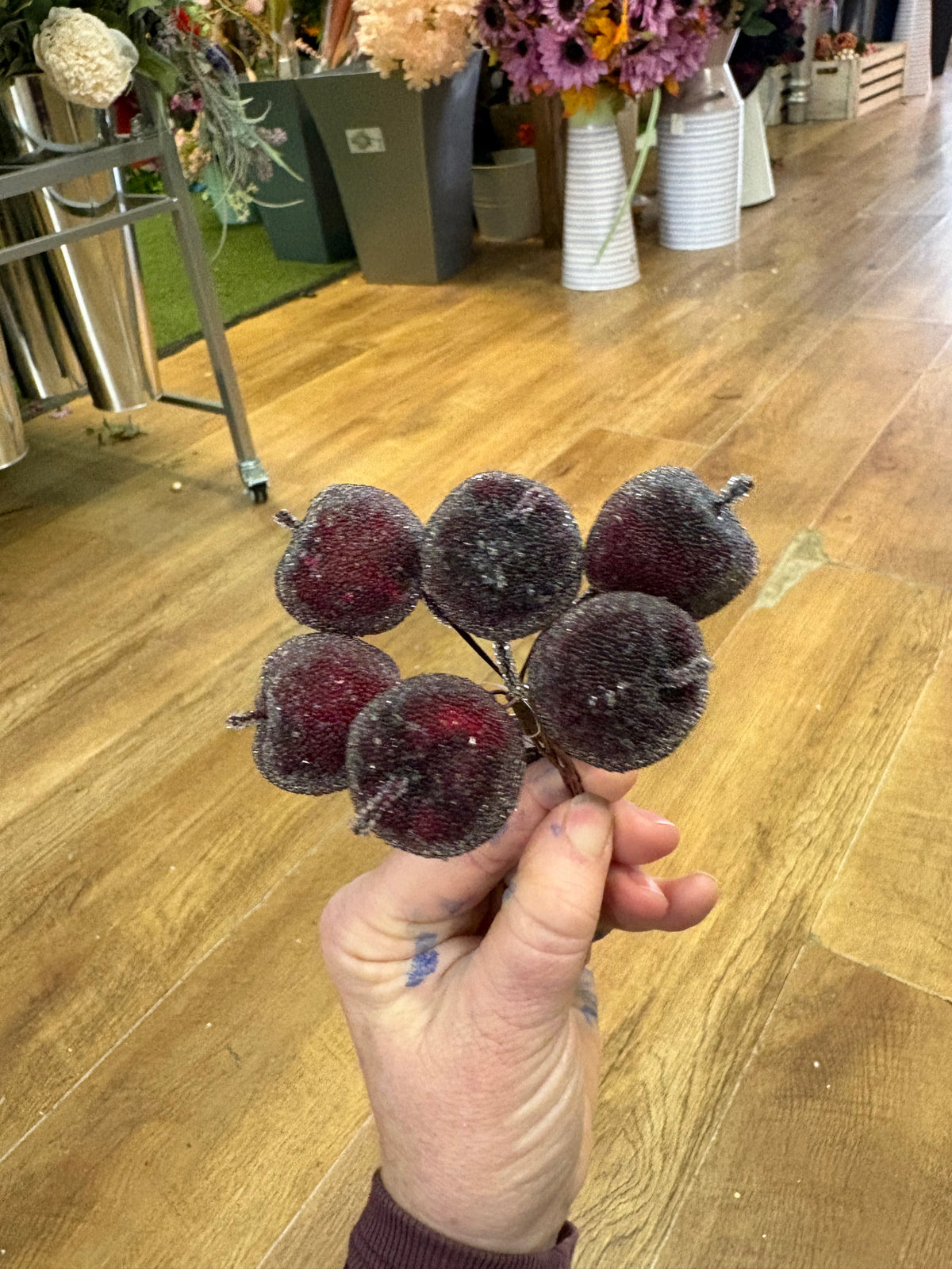 Bundle of 6 small frosted burgundy apple picks