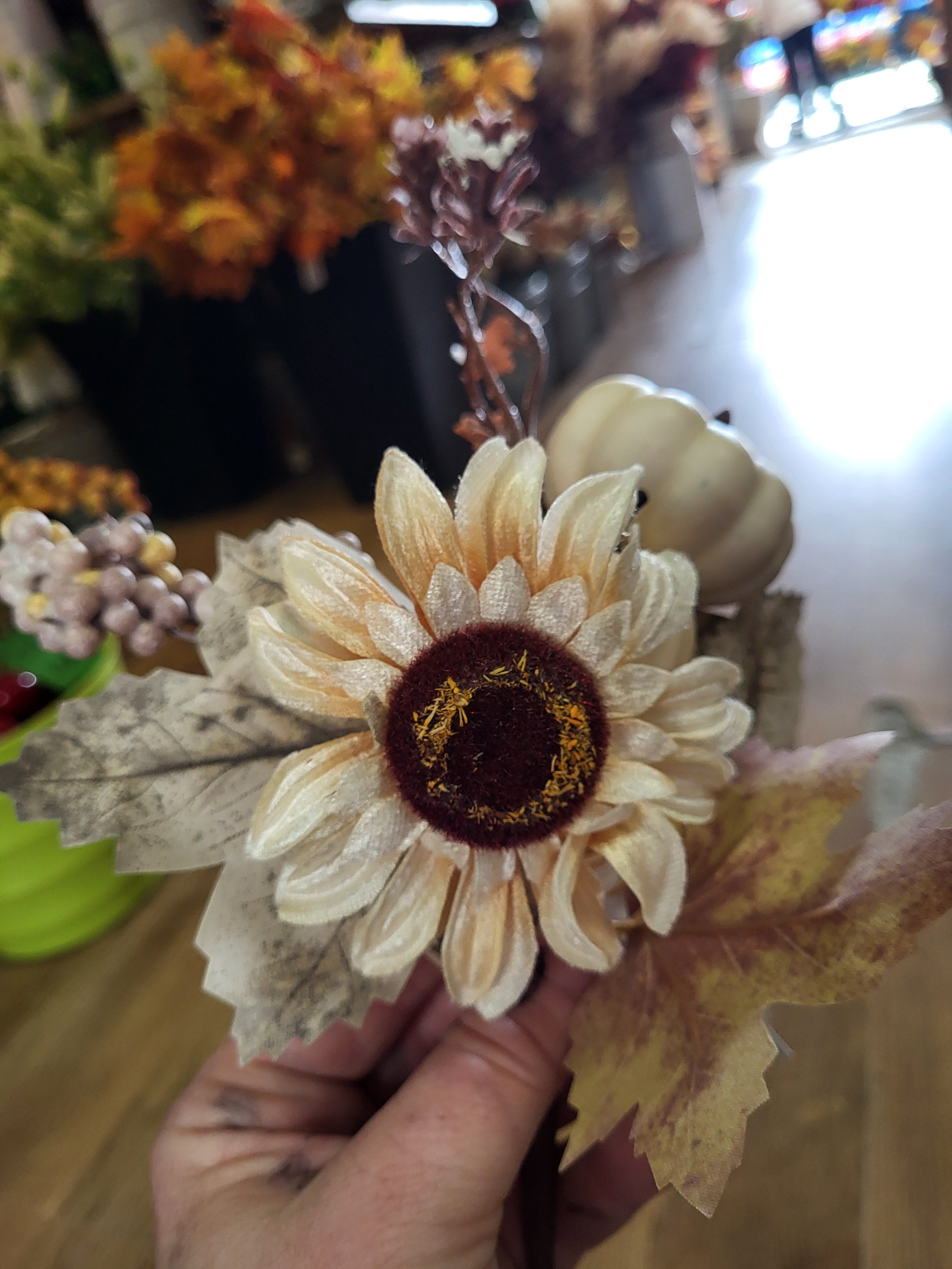 38cm luxury cream pumpkin pick with velvet sunflower image 2
