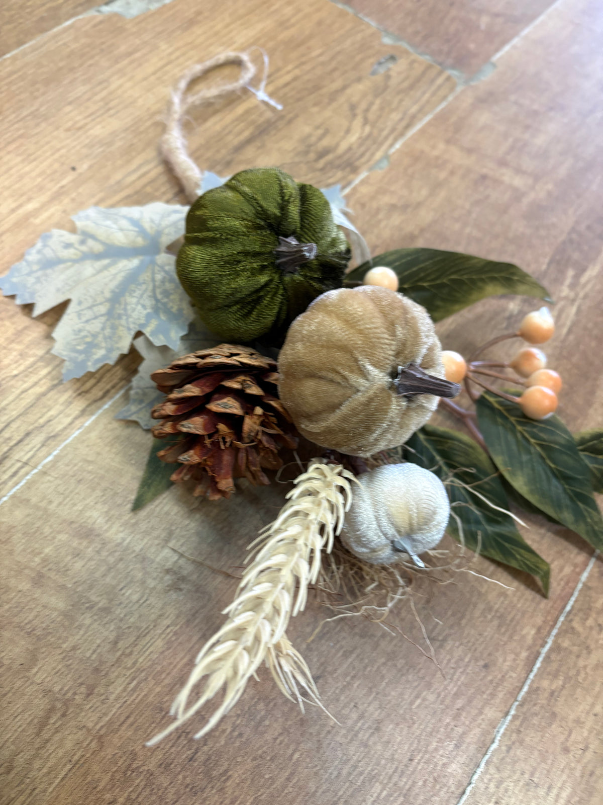 30cm green, neutral and cream velvet pumpkin swag
