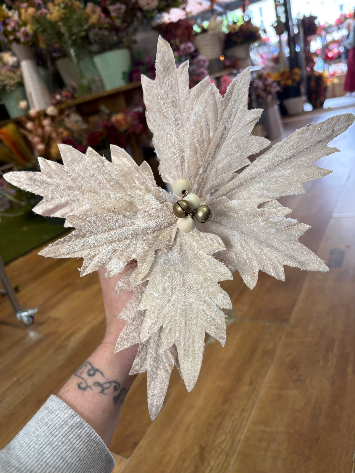 Frosted nude velvet with bells single poinsettia