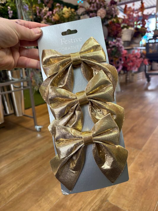 Pack of 3 tie on gold Christmas bows