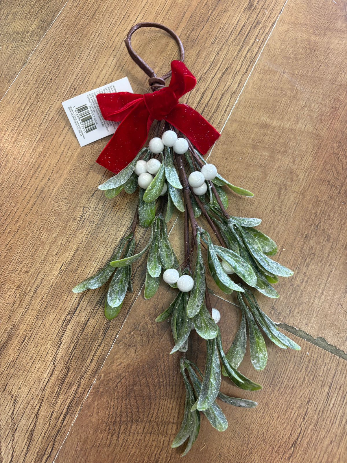 34cm Frosted mistletoe and red velvet bow swag