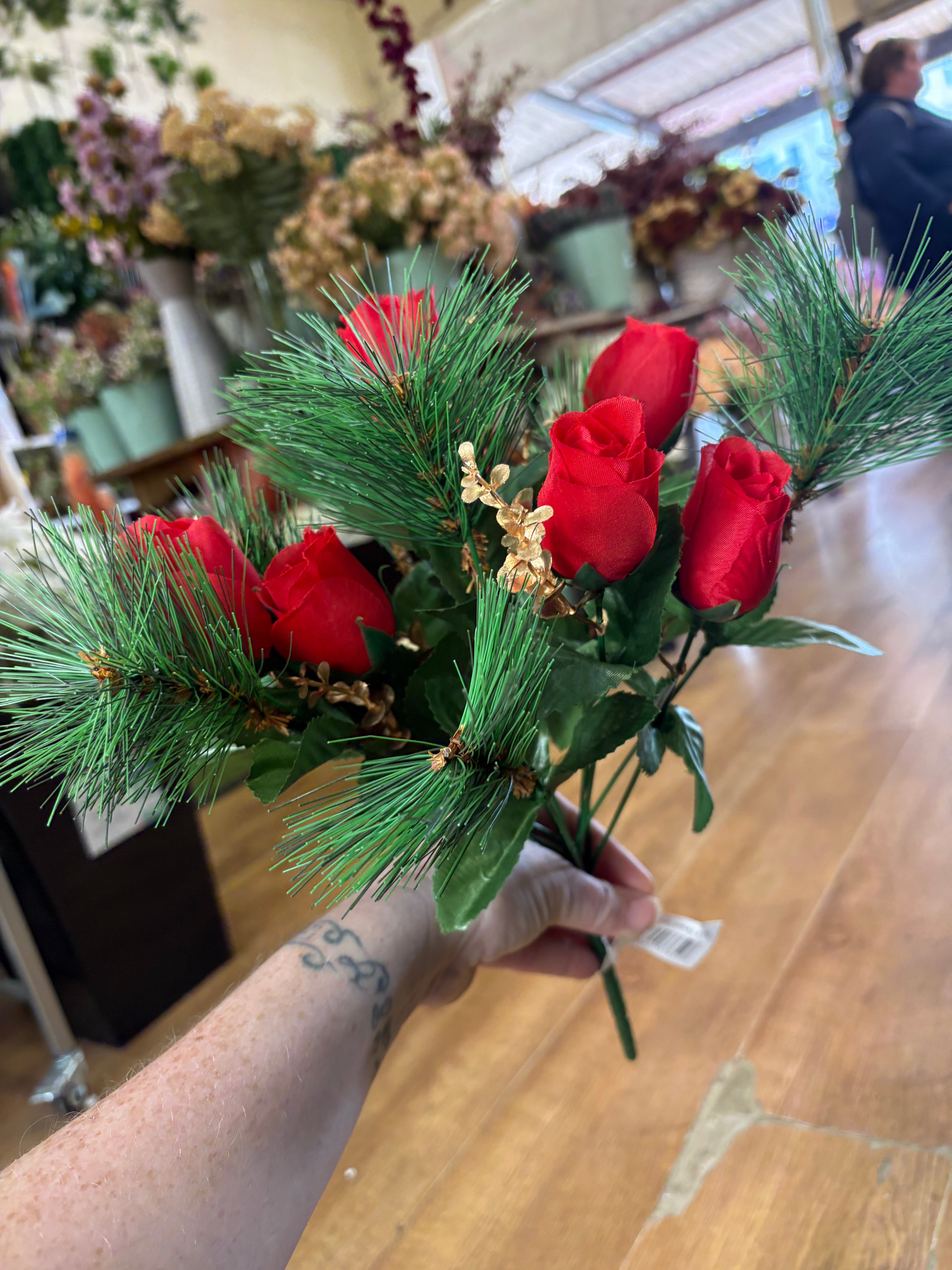 Rosebud, eucalyptus and pine bouquet - red and gold