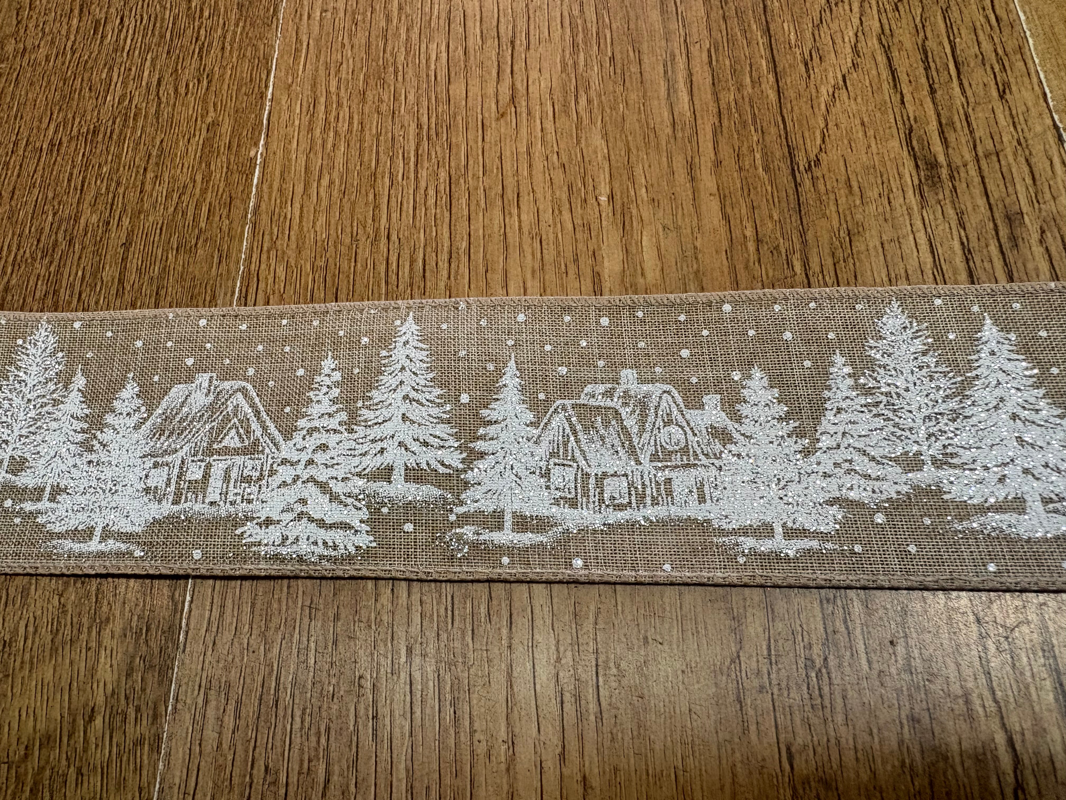 2.5 inch wide burlap and snowy scene wired ribbon - 10 metres