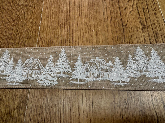 2.5 inch wide burlap and snowy scene wired ribbon - 10 metres