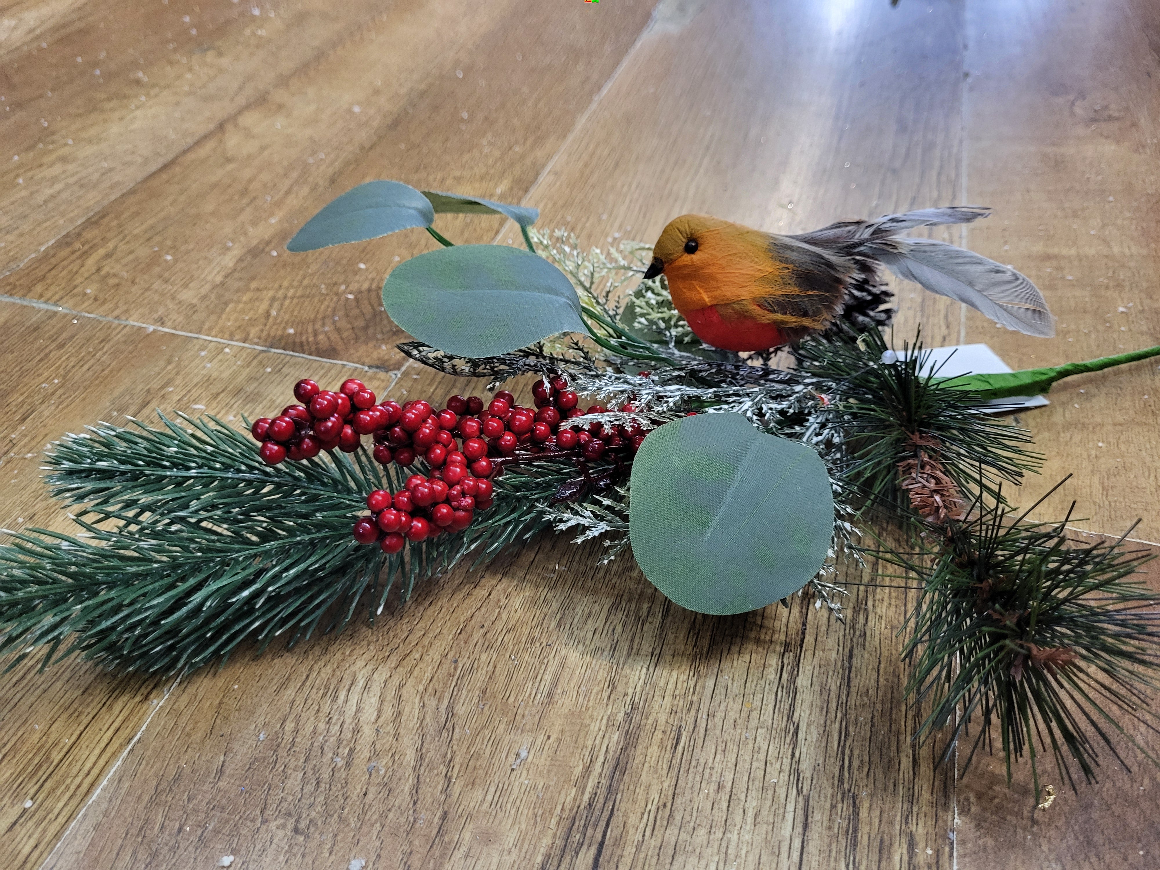 Mixed winter foliage and berry branch with a Robin image 3