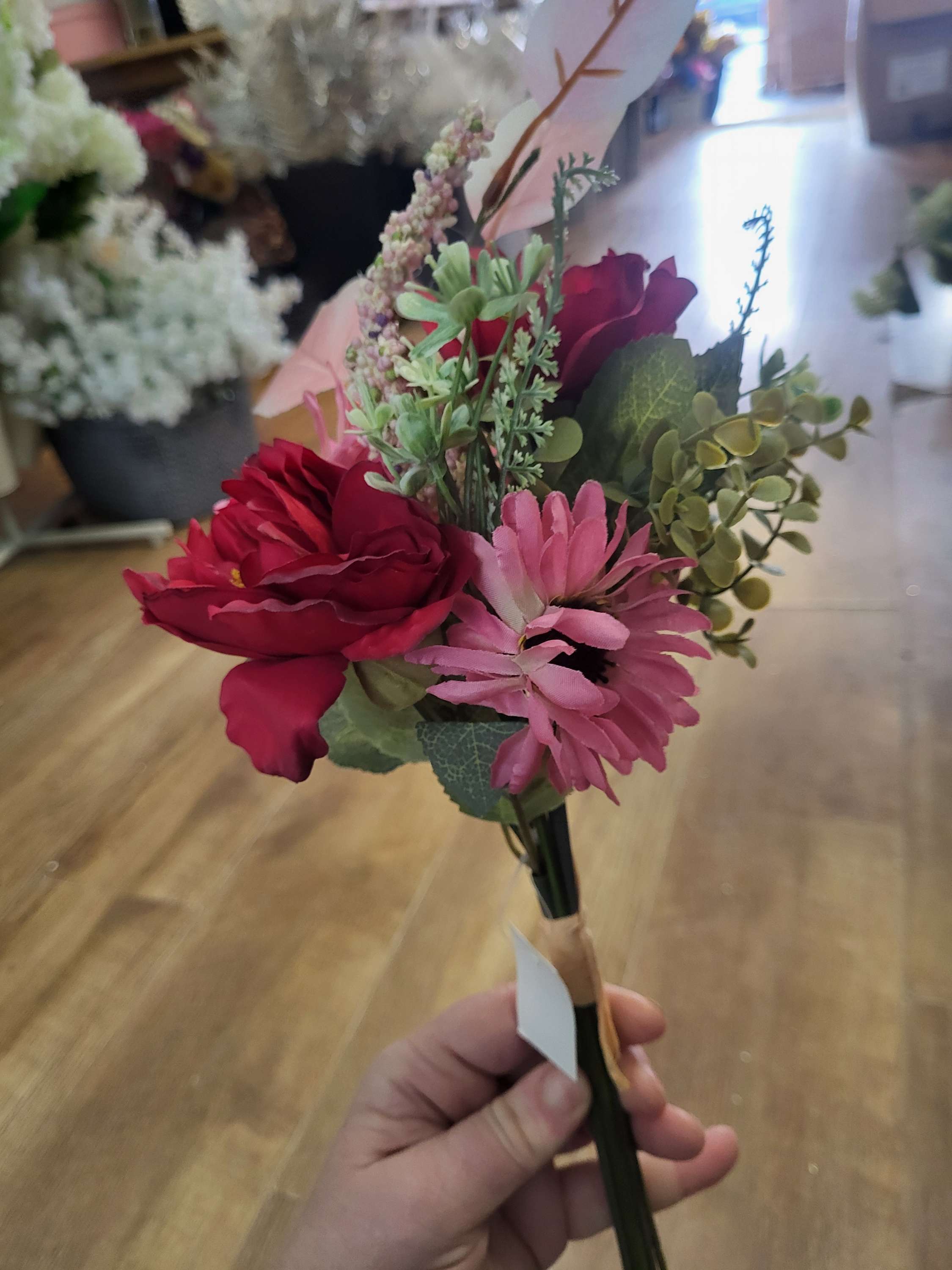 Hand tied red and pink mixed floral/foliage bundle image 2