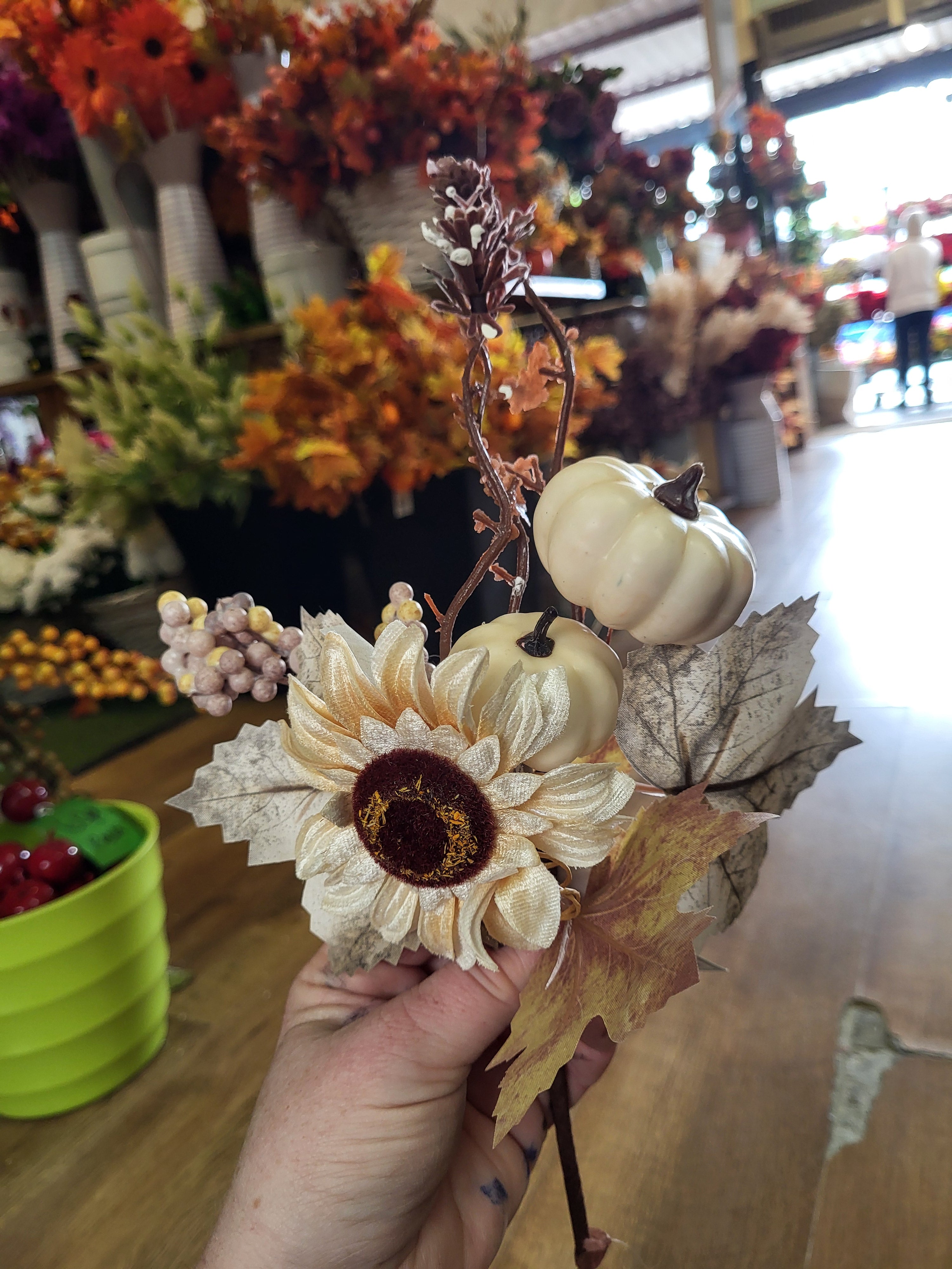 38cm luxury cream pumpkin pick with velvet sunflower image 3