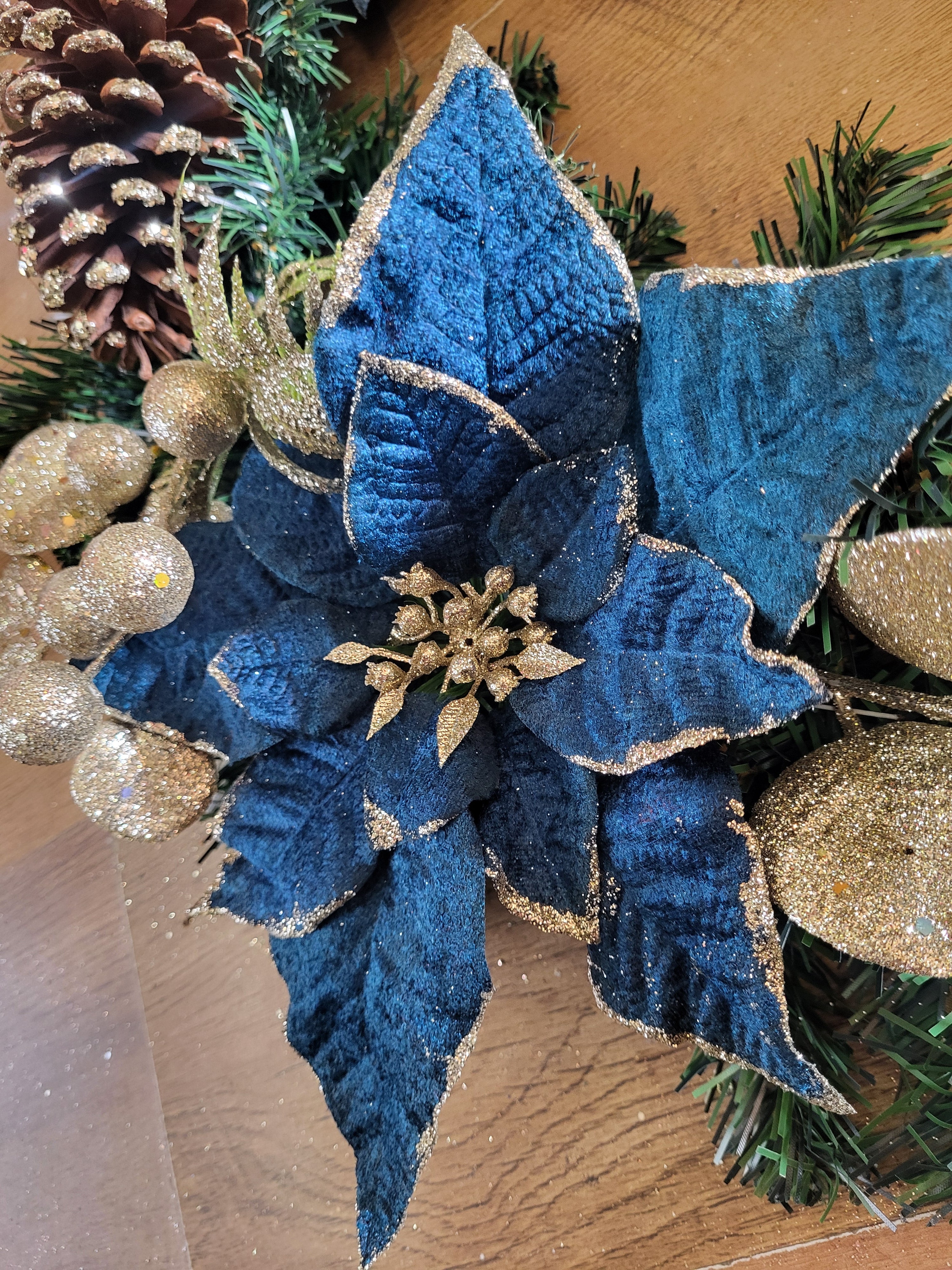 22 inch Luxury Wreath - velvet Teal Poinsettia and champagne gold cones/foliage image 3