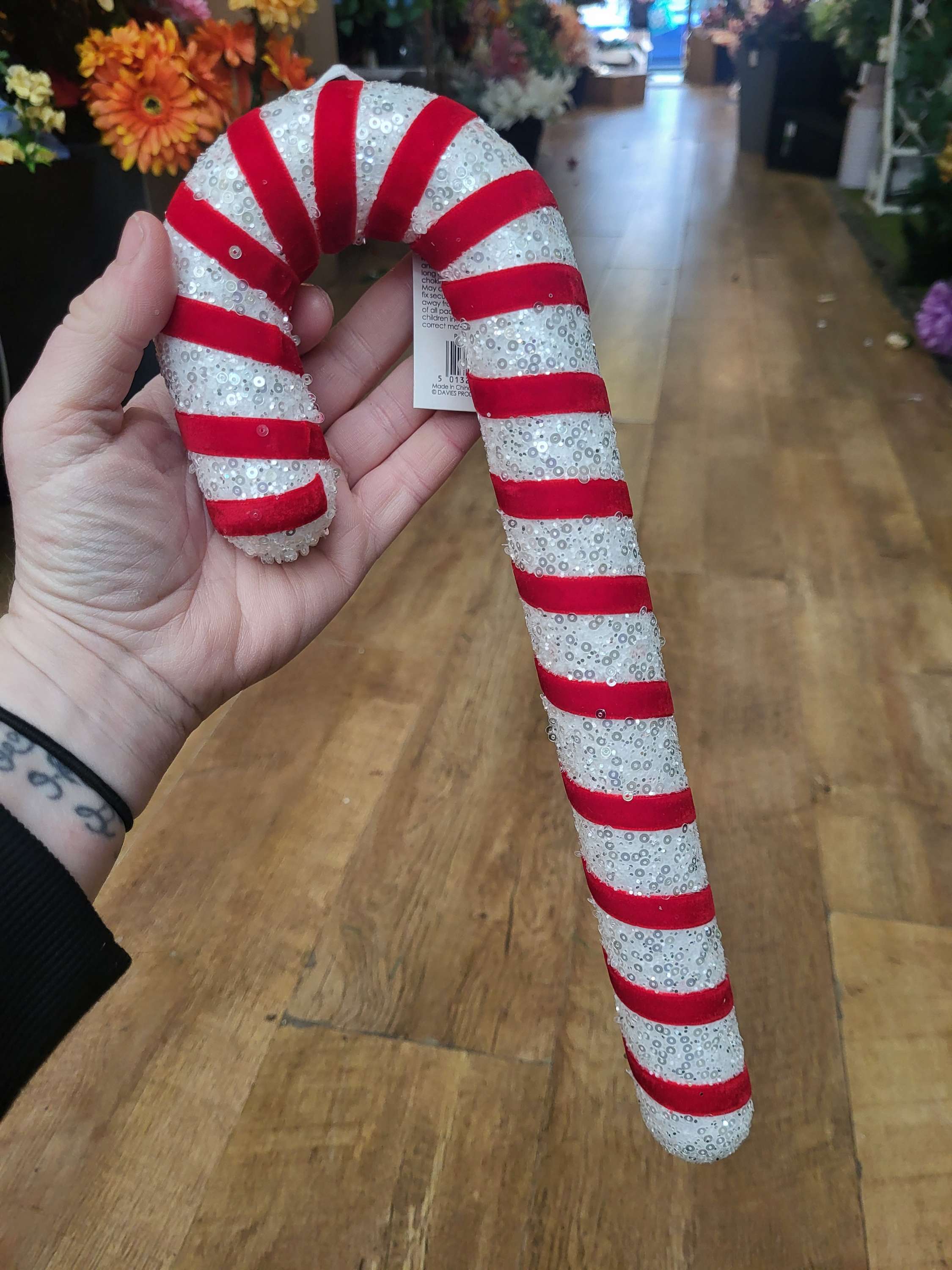 34cm red and white sequin hanging candy cane image 1