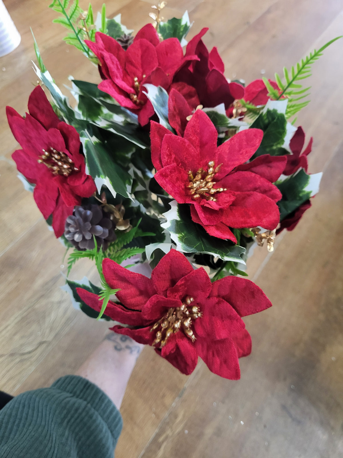 Large red velvet poinsettia and cone bouquet  image 4