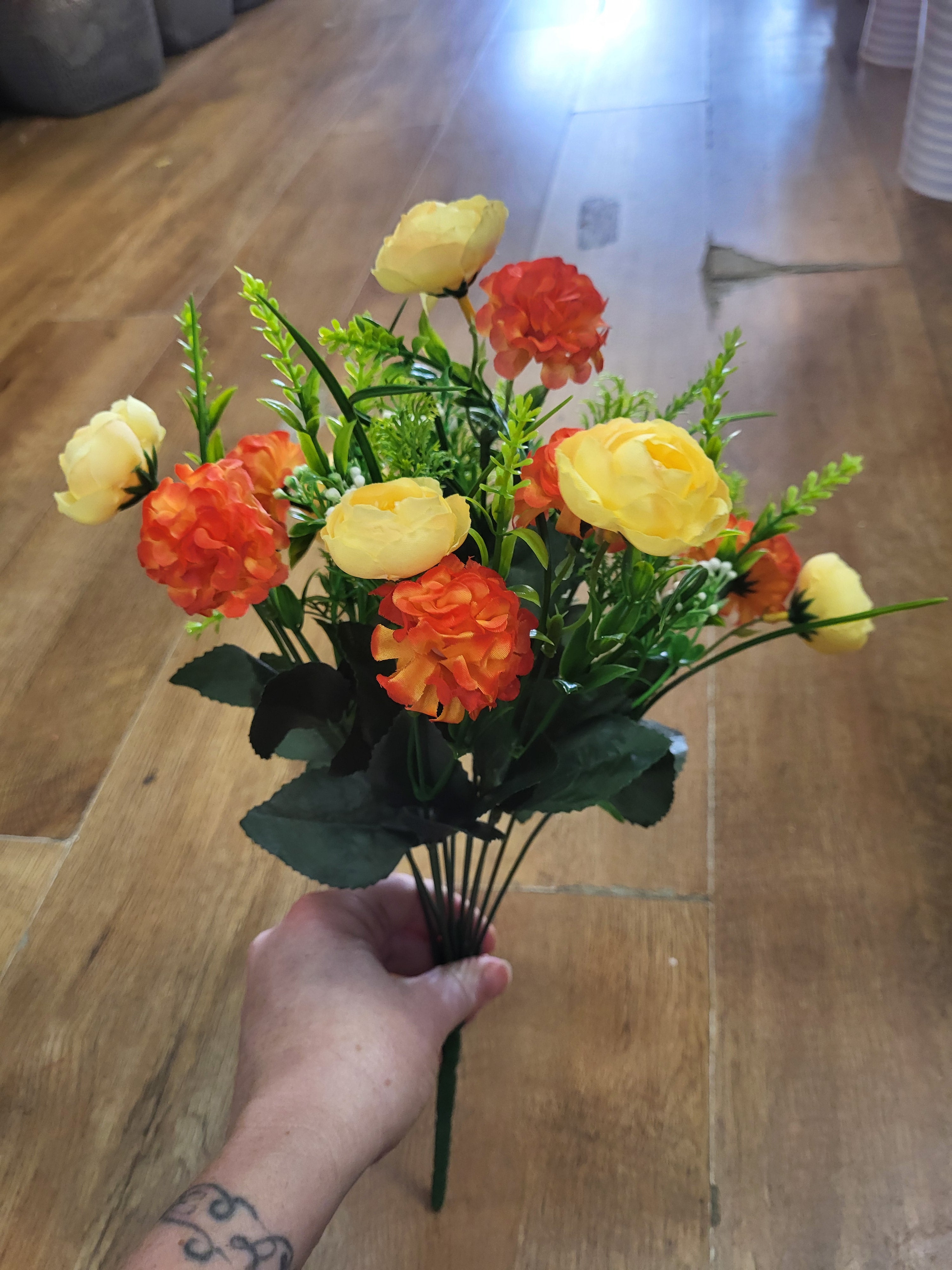 Yellow and orange mini ranunculus and pom bunch image 2