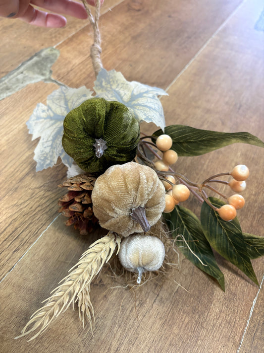 30cm green, neutral and cream velvet pumpkin swag