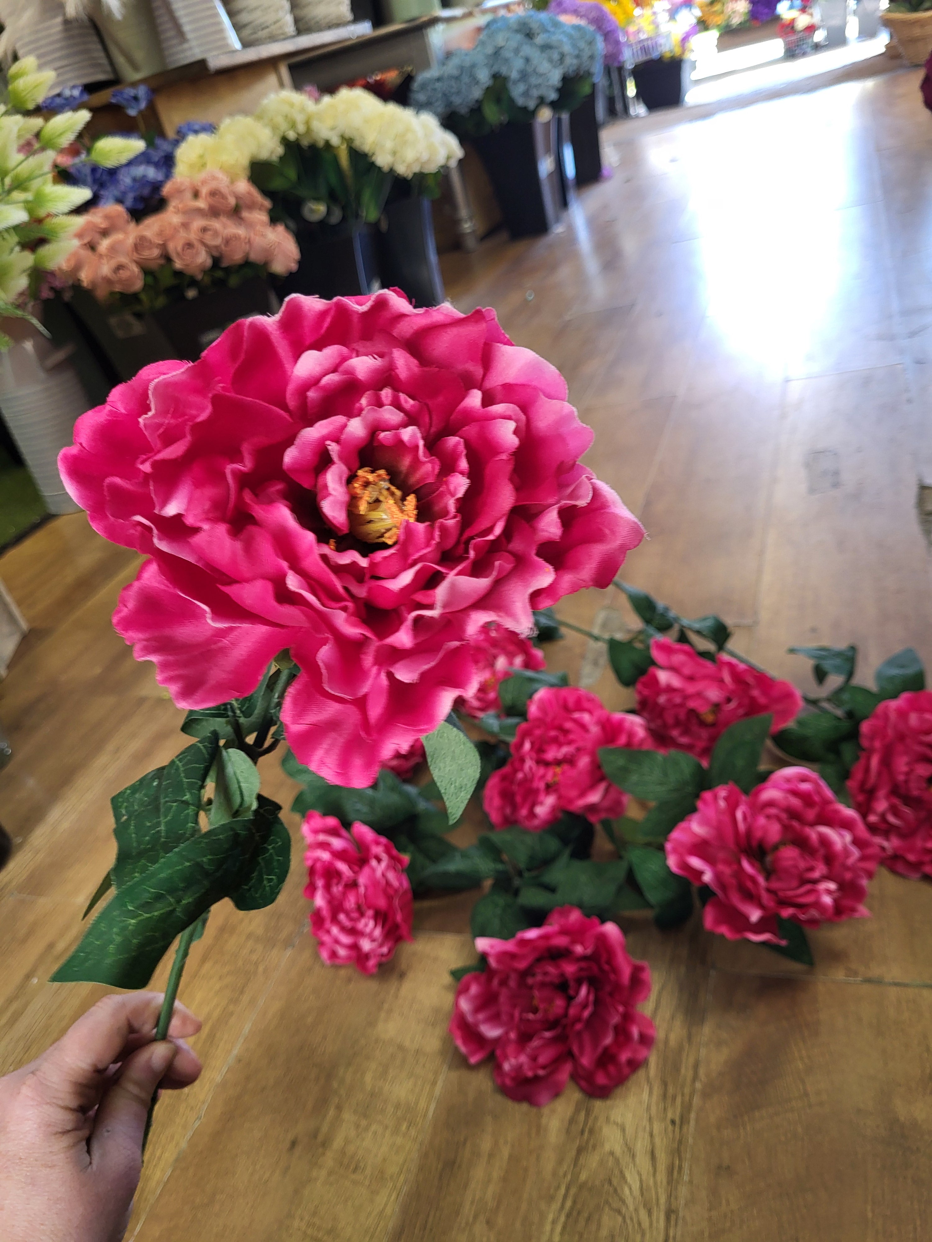 Bundle of 10 long stem deep pink large head frilly peonies image 0