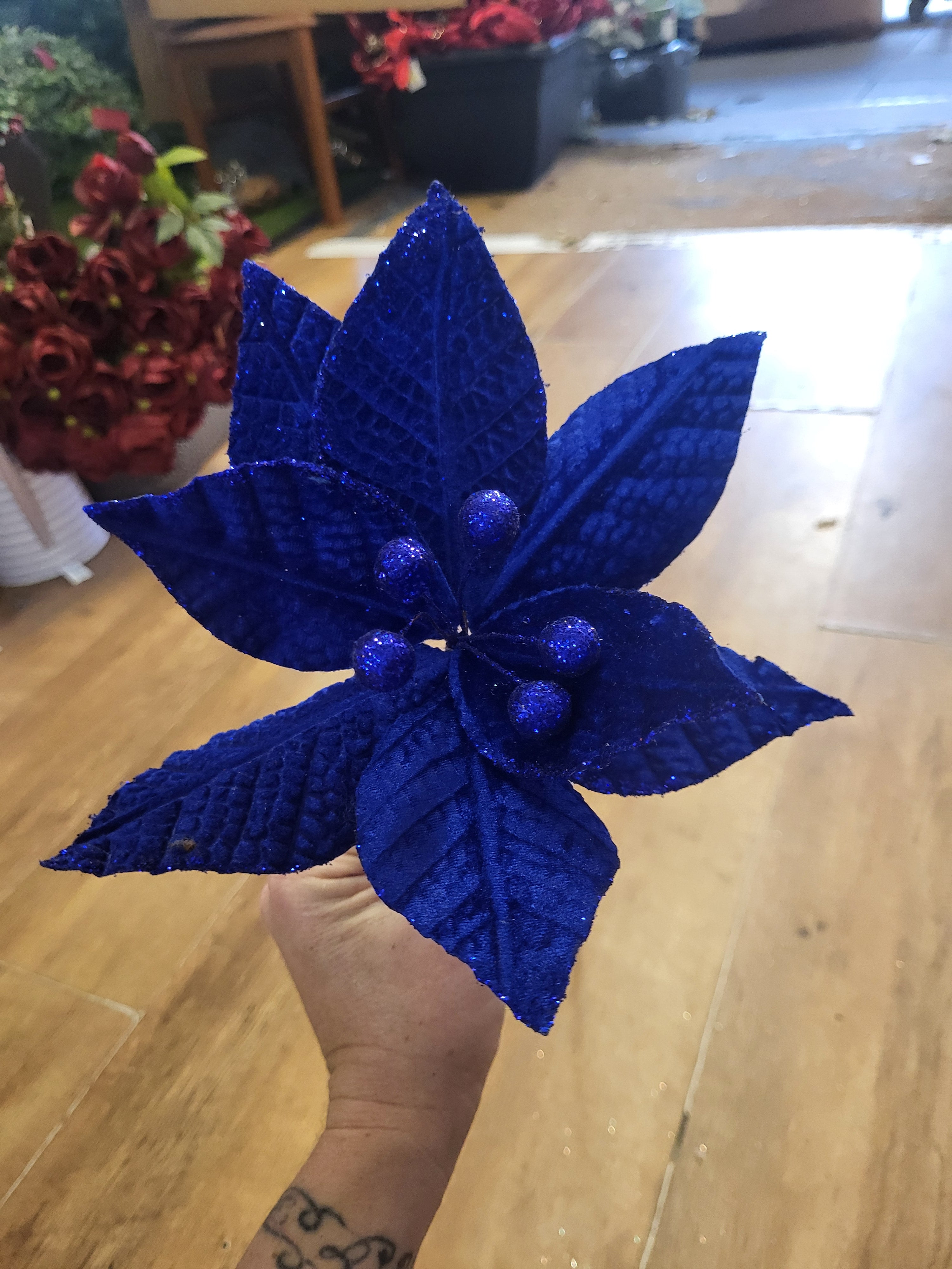 Long stem Royal Blue velvet and glitter single poinsettia  image 0