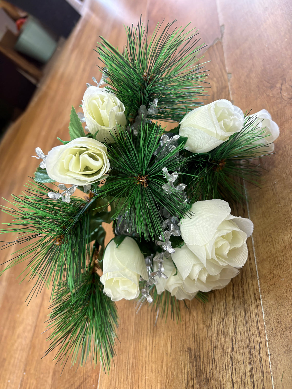 Rosebud,eucalyptus and pine bouquet - ivory and silver