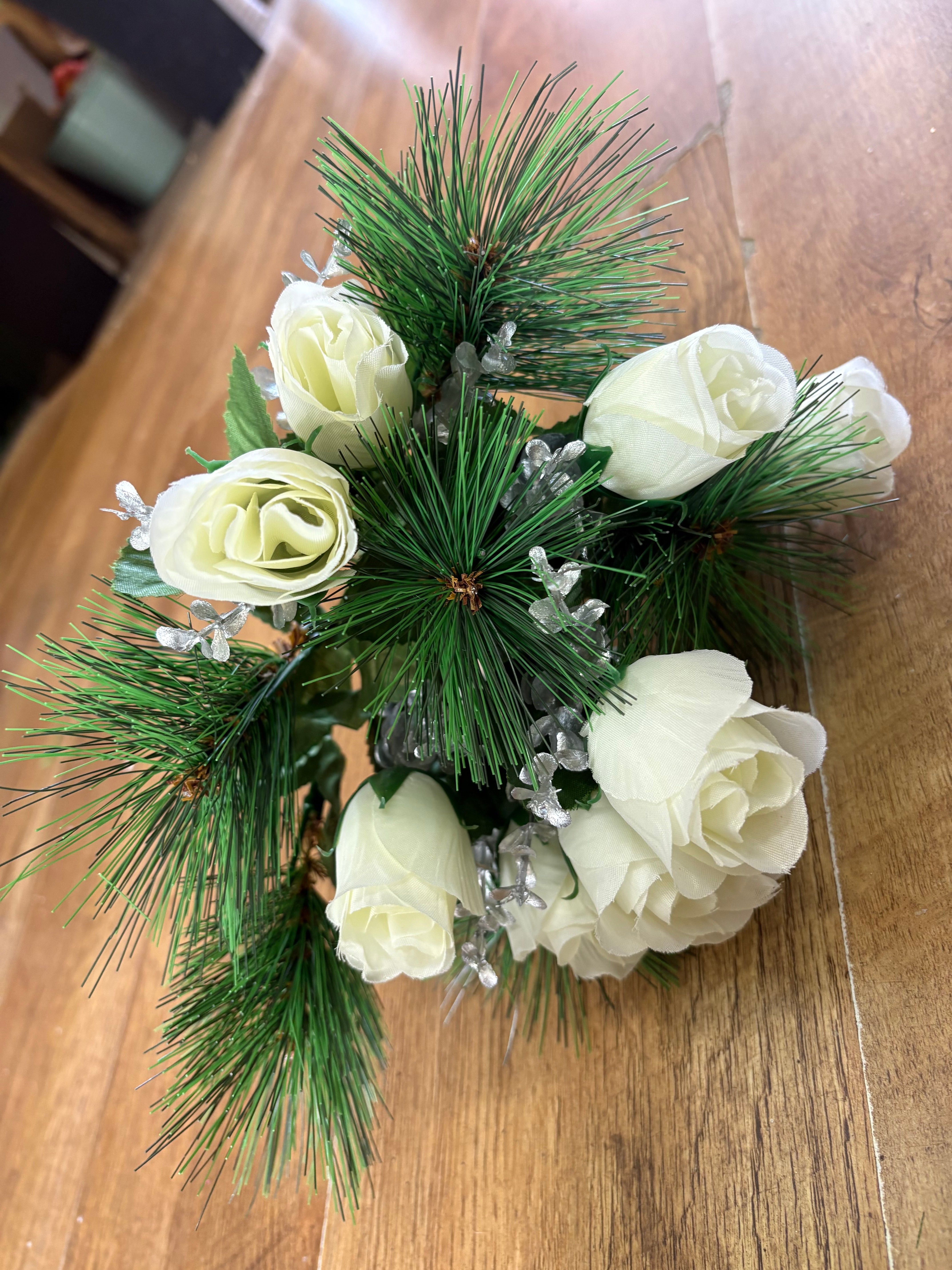 Rosebud,eucalyptus and pine bouquet - ivory and silver