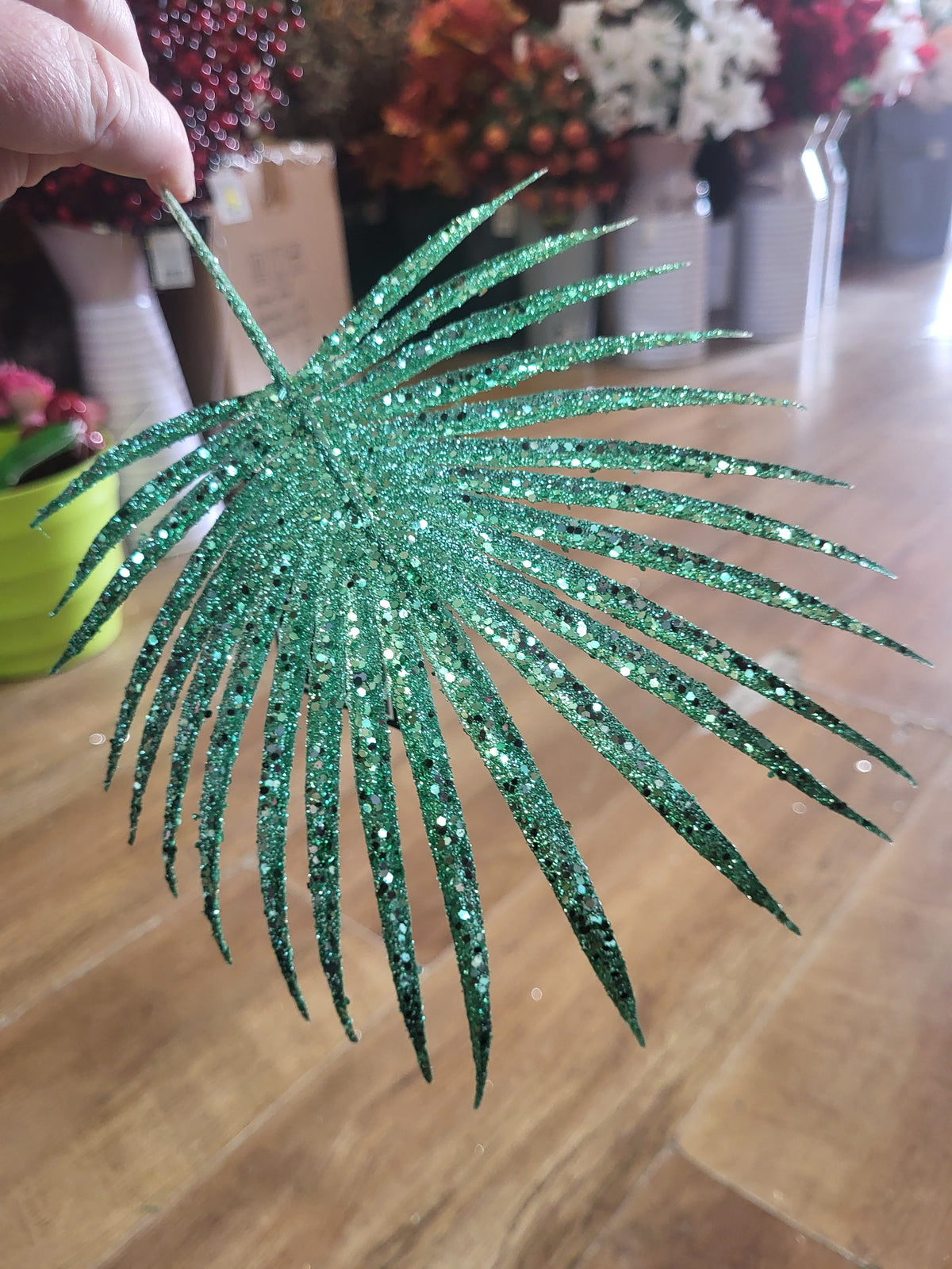 Green glittered palm leaf pick image 1