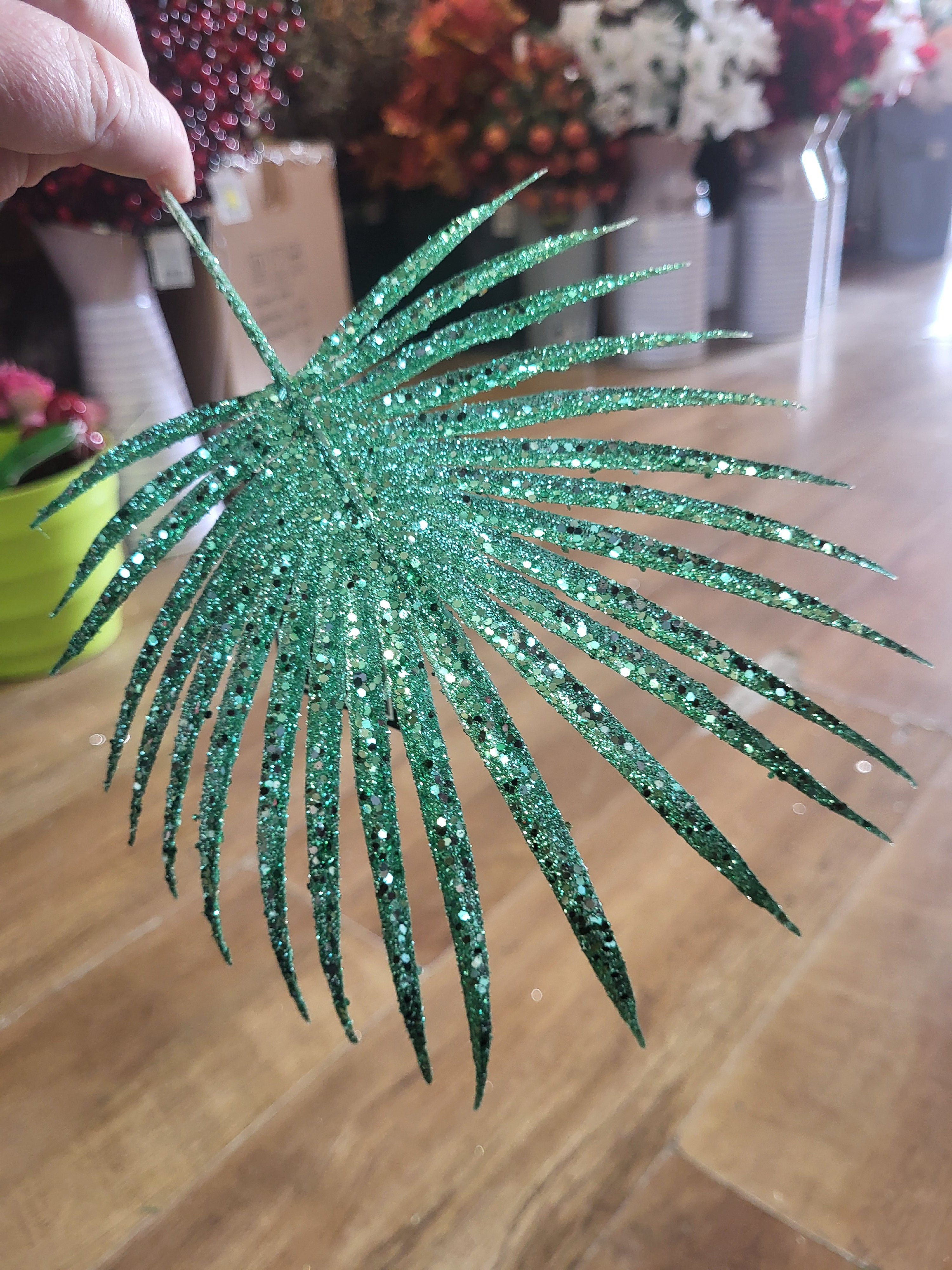 Green glittered palm leaf pick image 1