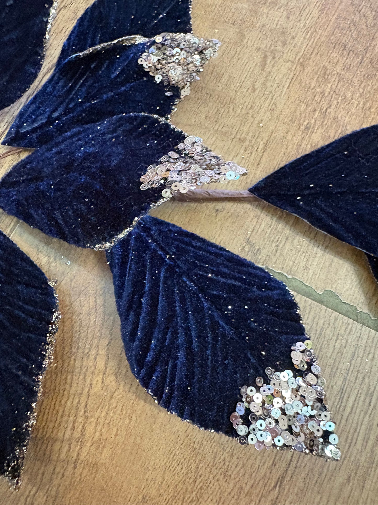 Long stem navy velvet and champagne gold foliage spray