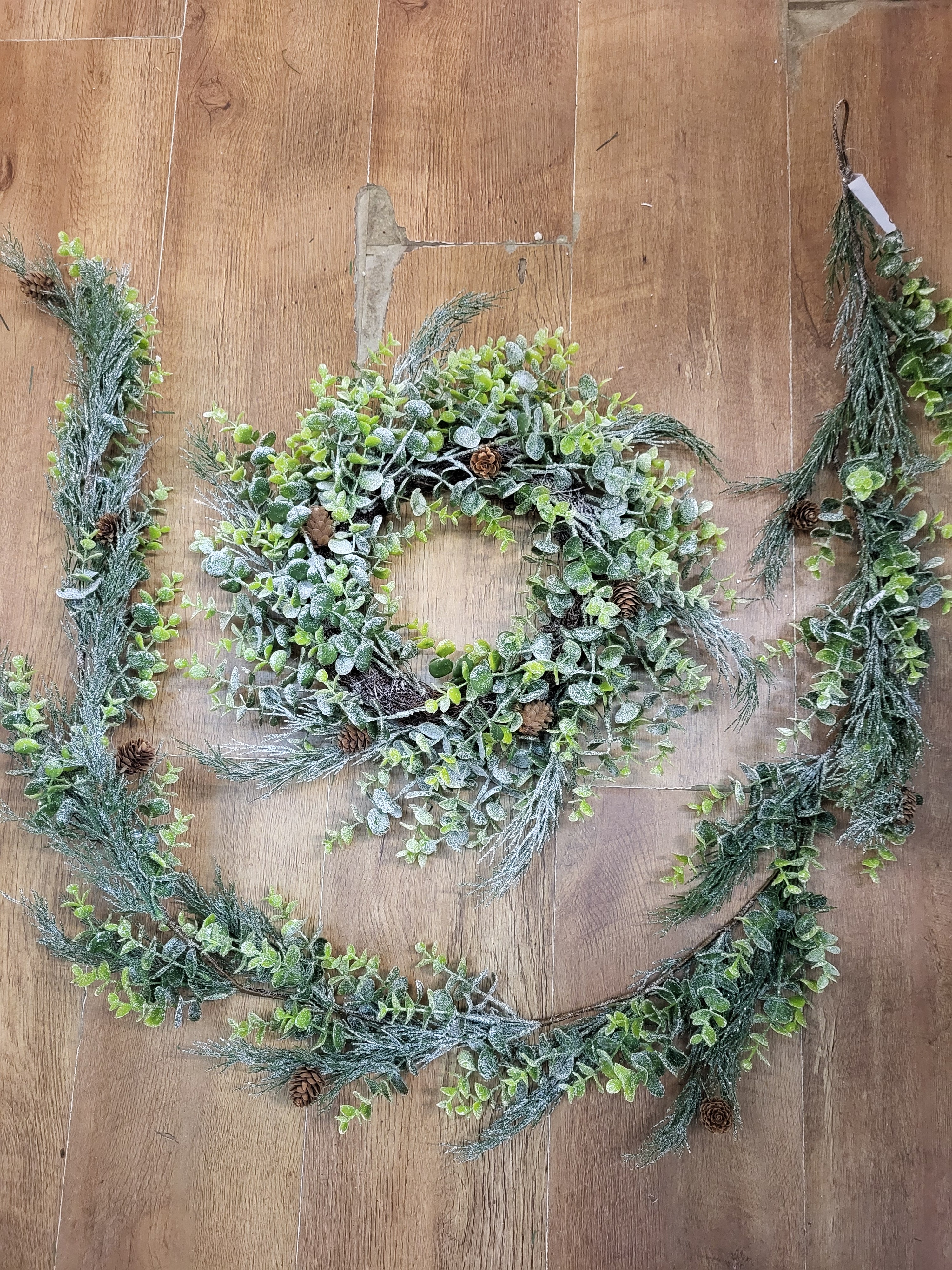 Bundle of our Frosted eucalyptus/cypress with miniature cones garland and wreath image 0