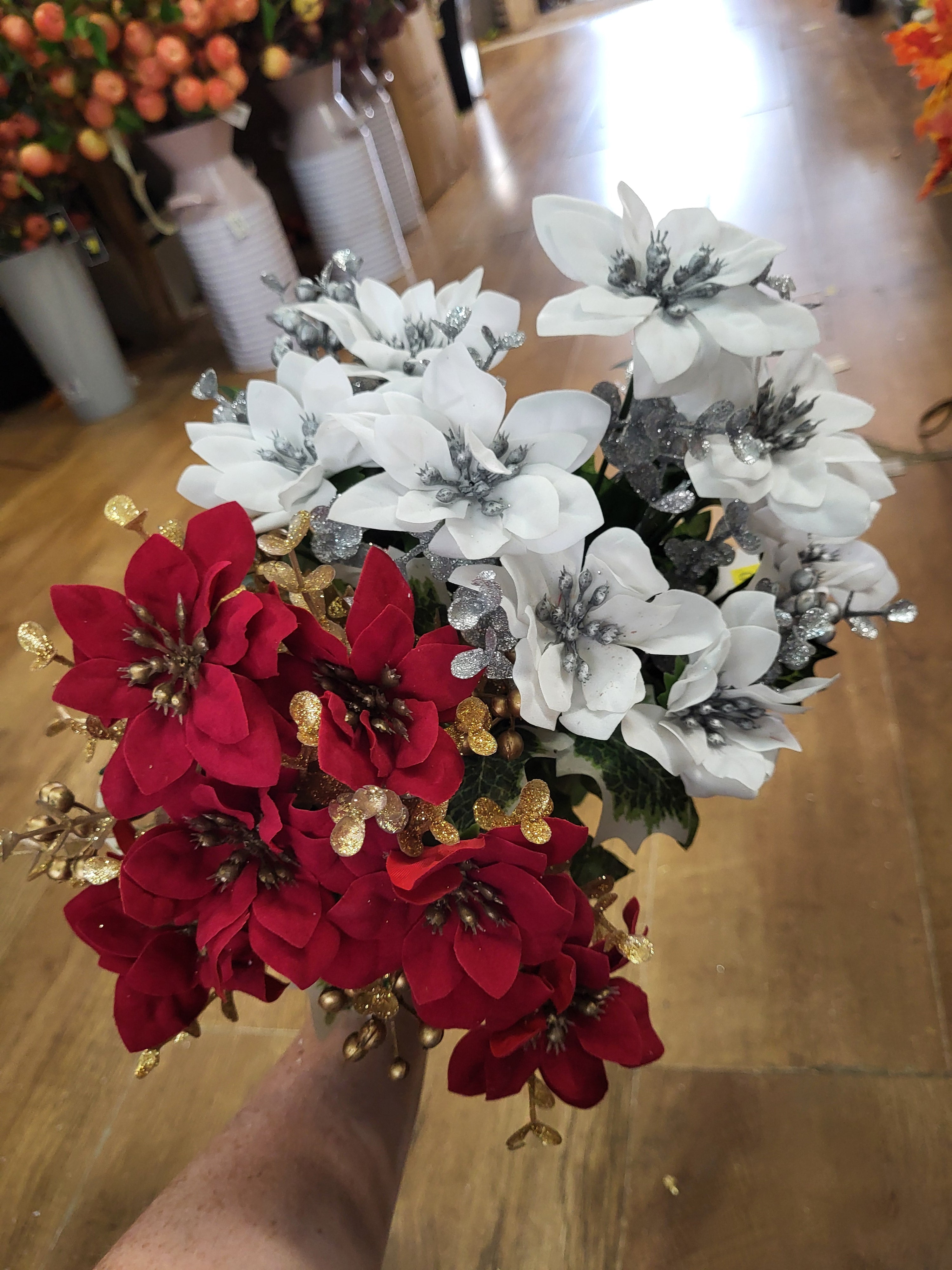Mini velvet poinsettias and metallic eucalyptus bunch - 2 colours available image 0