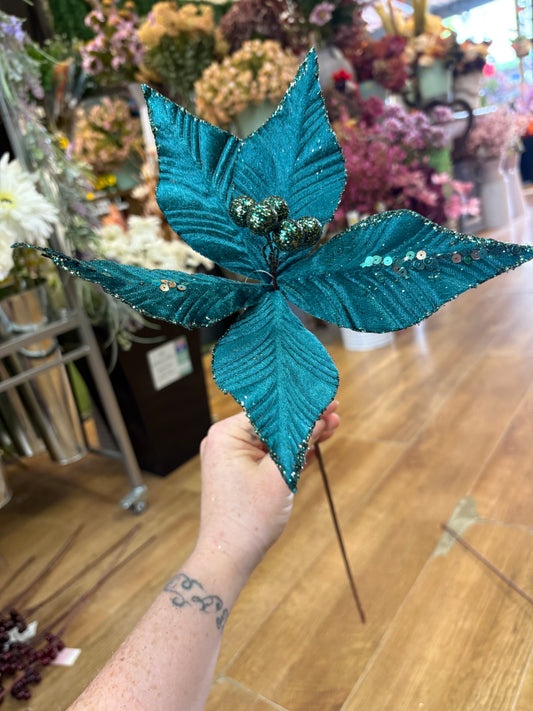 Single teal velvet and glitter poinsettia