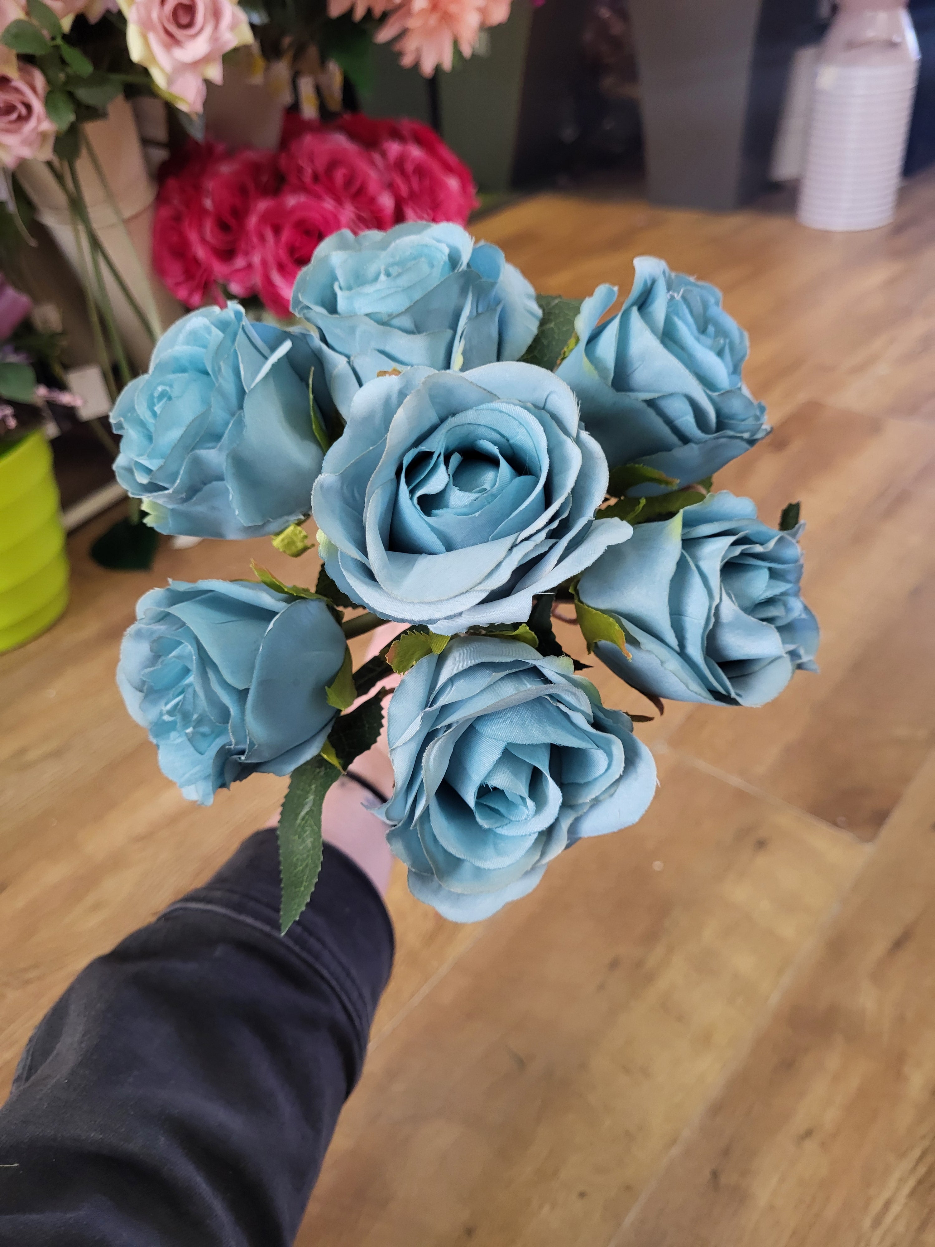 Hand tied bundle of 7 duck egg blue roses image 0