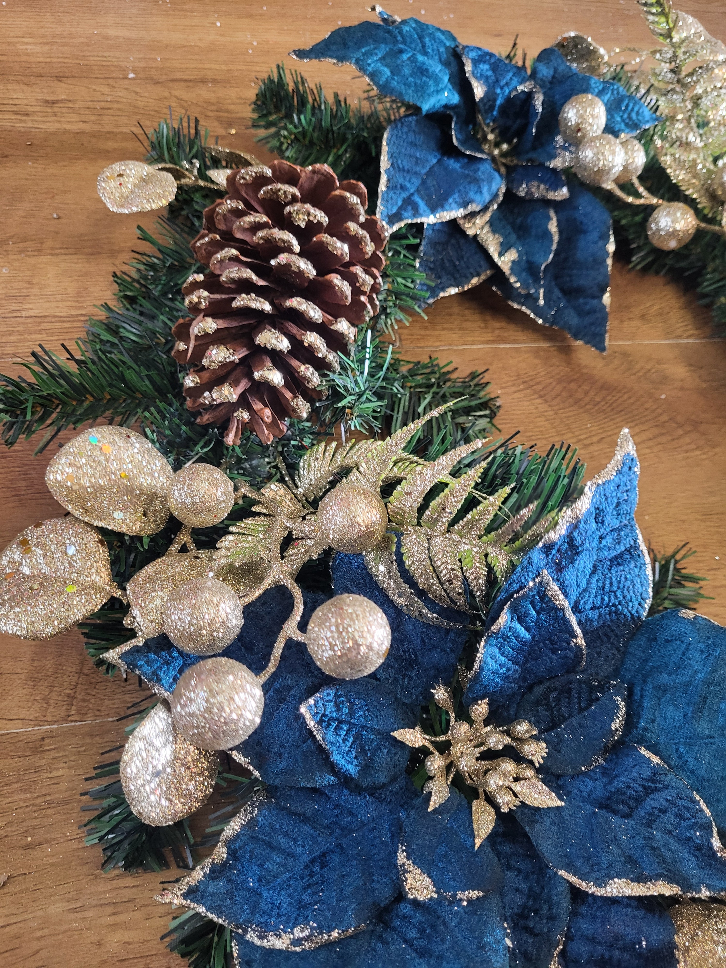 22 inch Luxury Wreath - velvet Teal Poinsettia and champagne gold cones/foliage image 4