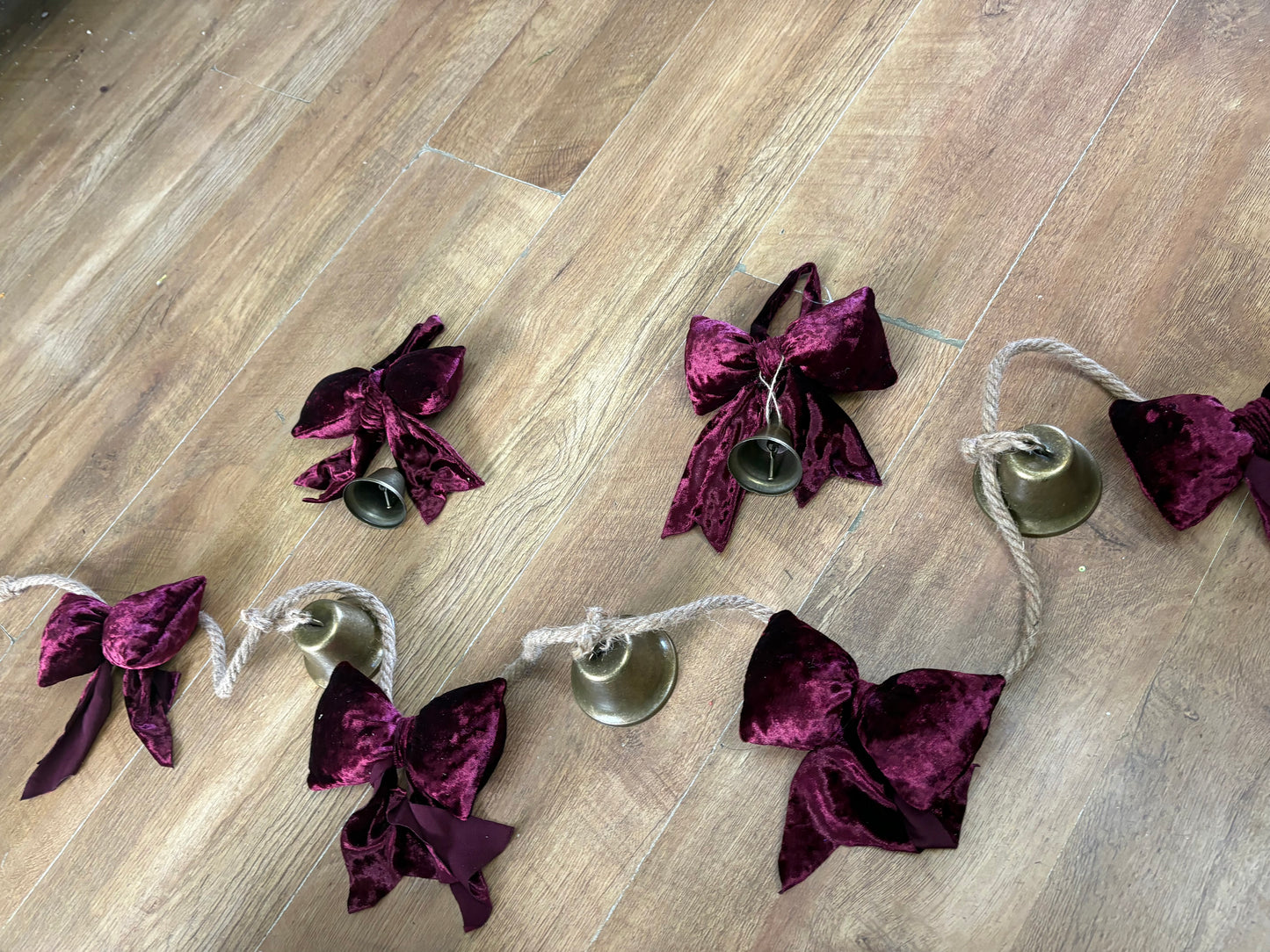 BUNDLE - 1.8m burgundy velvet bow and Christmas bell garland and 2 matching hanging bows with bells