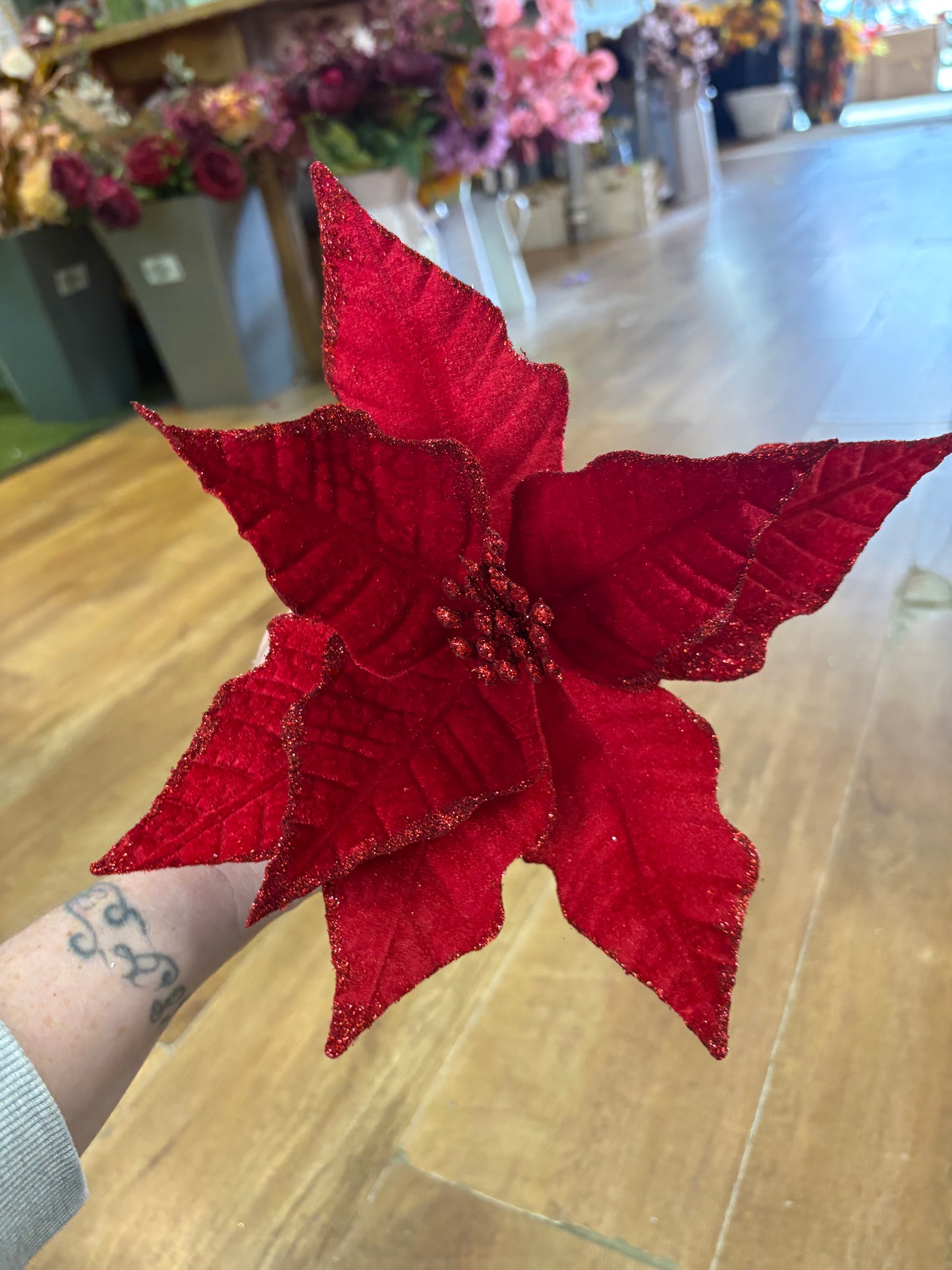 Red velvet and glitter single poinsettia pick