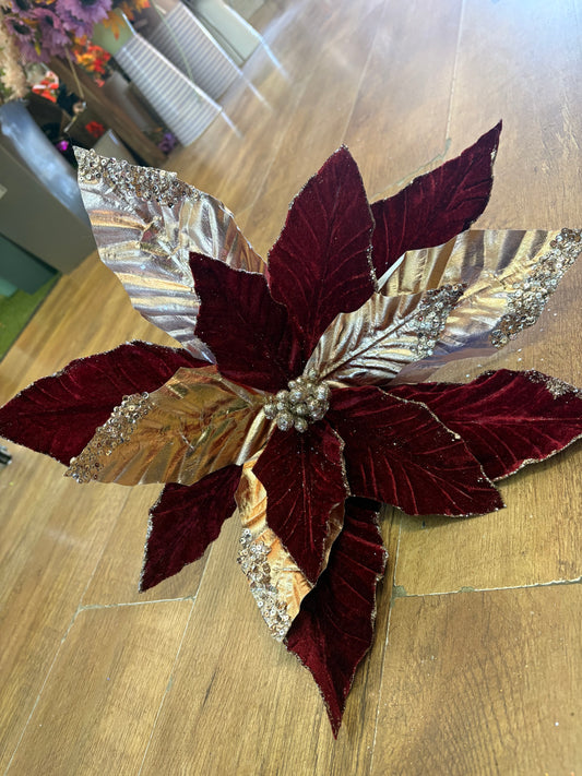 Large burgundy velvet and metallic gold poinsettia