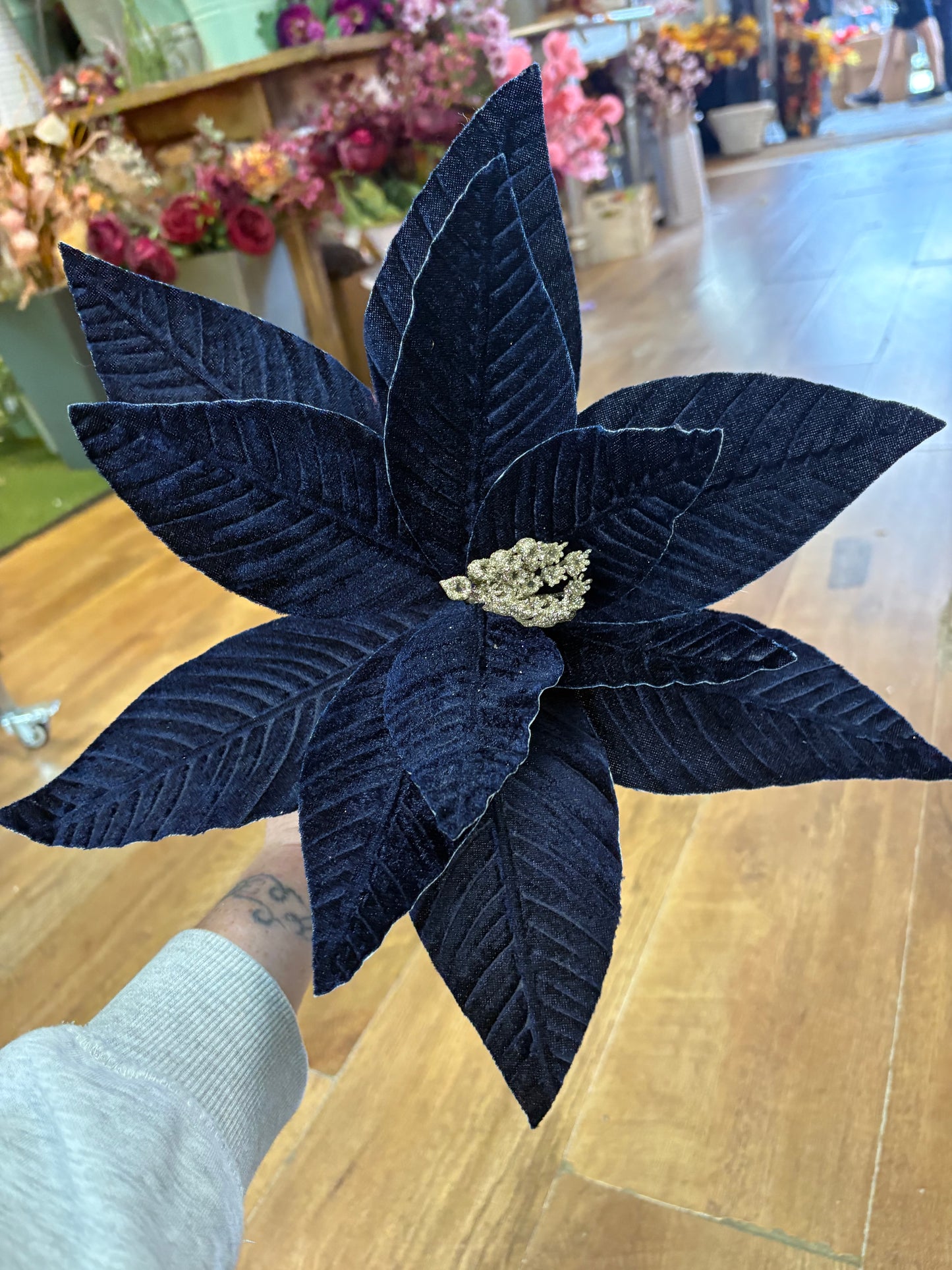 Large navy velvet single poinsettia
