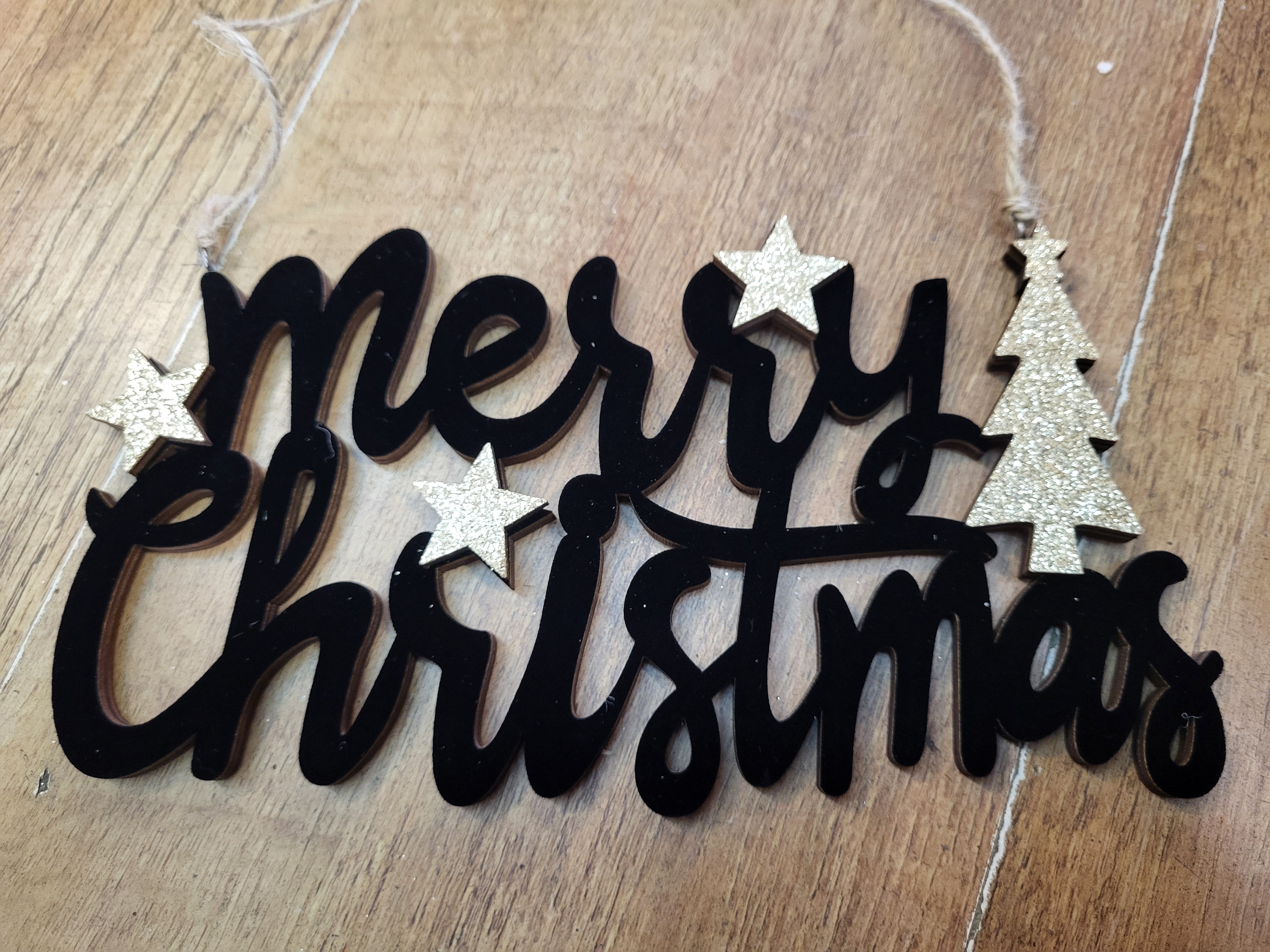 22 x 10cm hanging black velvet and gold glitter wooden merry Christmas sign image 1