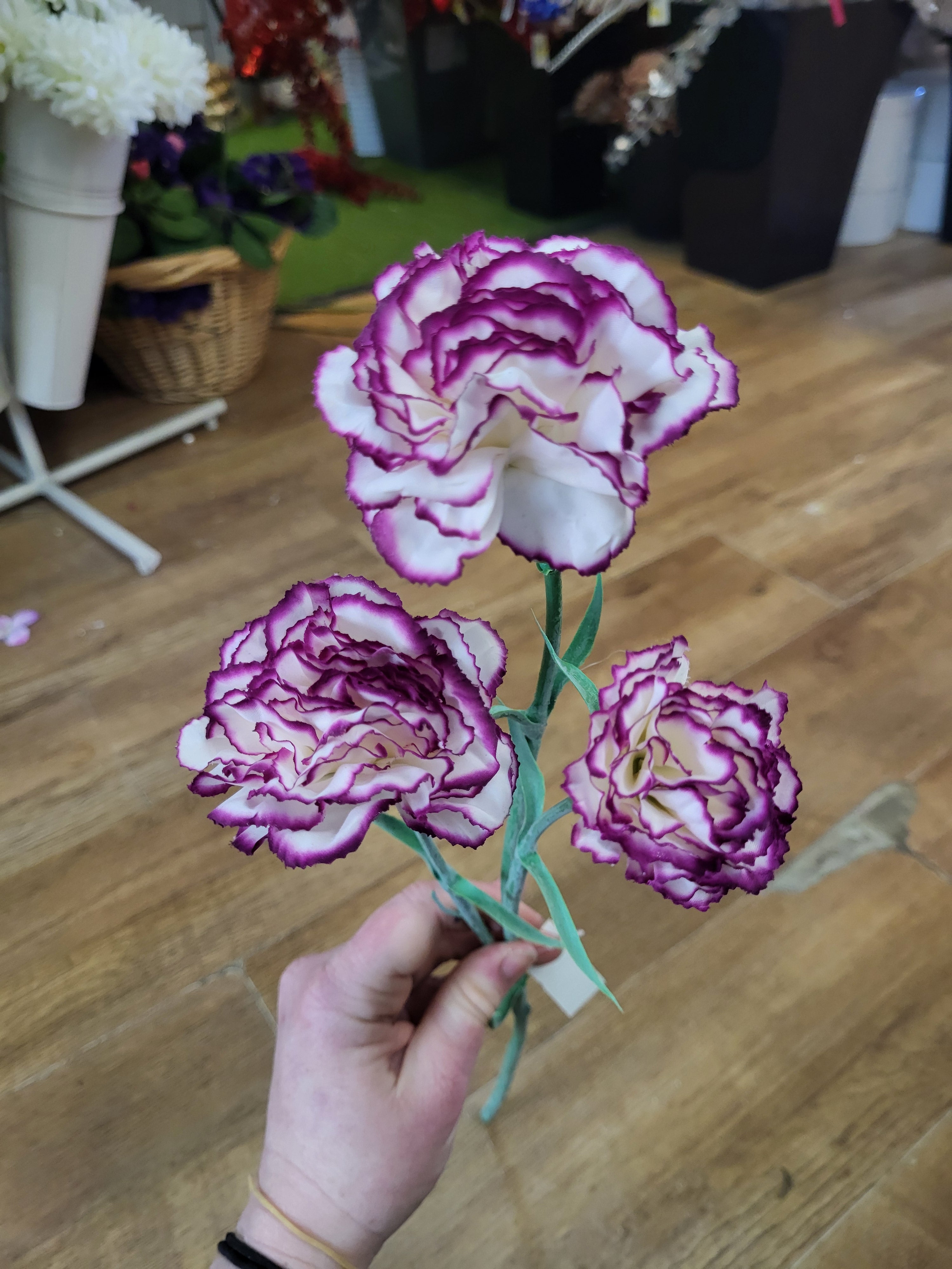 Long stem magenta and white triple head carnation  image 5