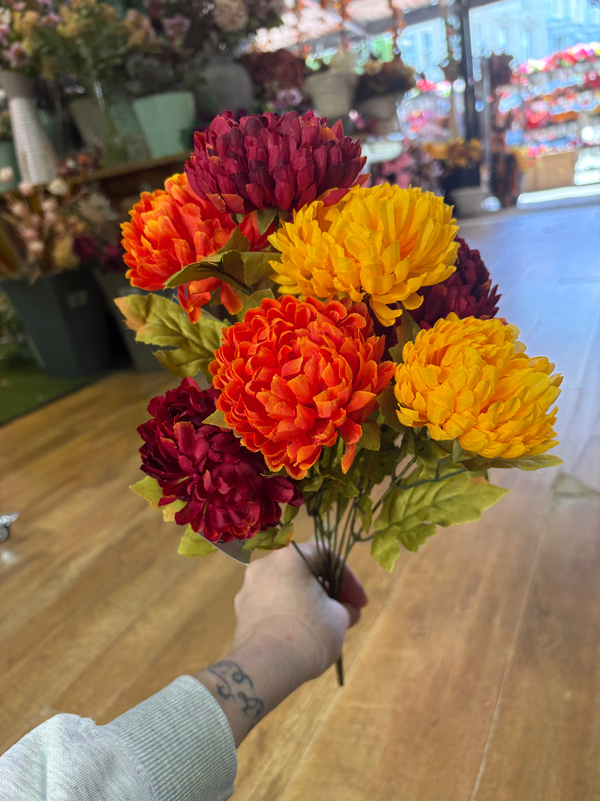 Large autumnal chrysanthemum bouquet - burgundy, orange and yellow