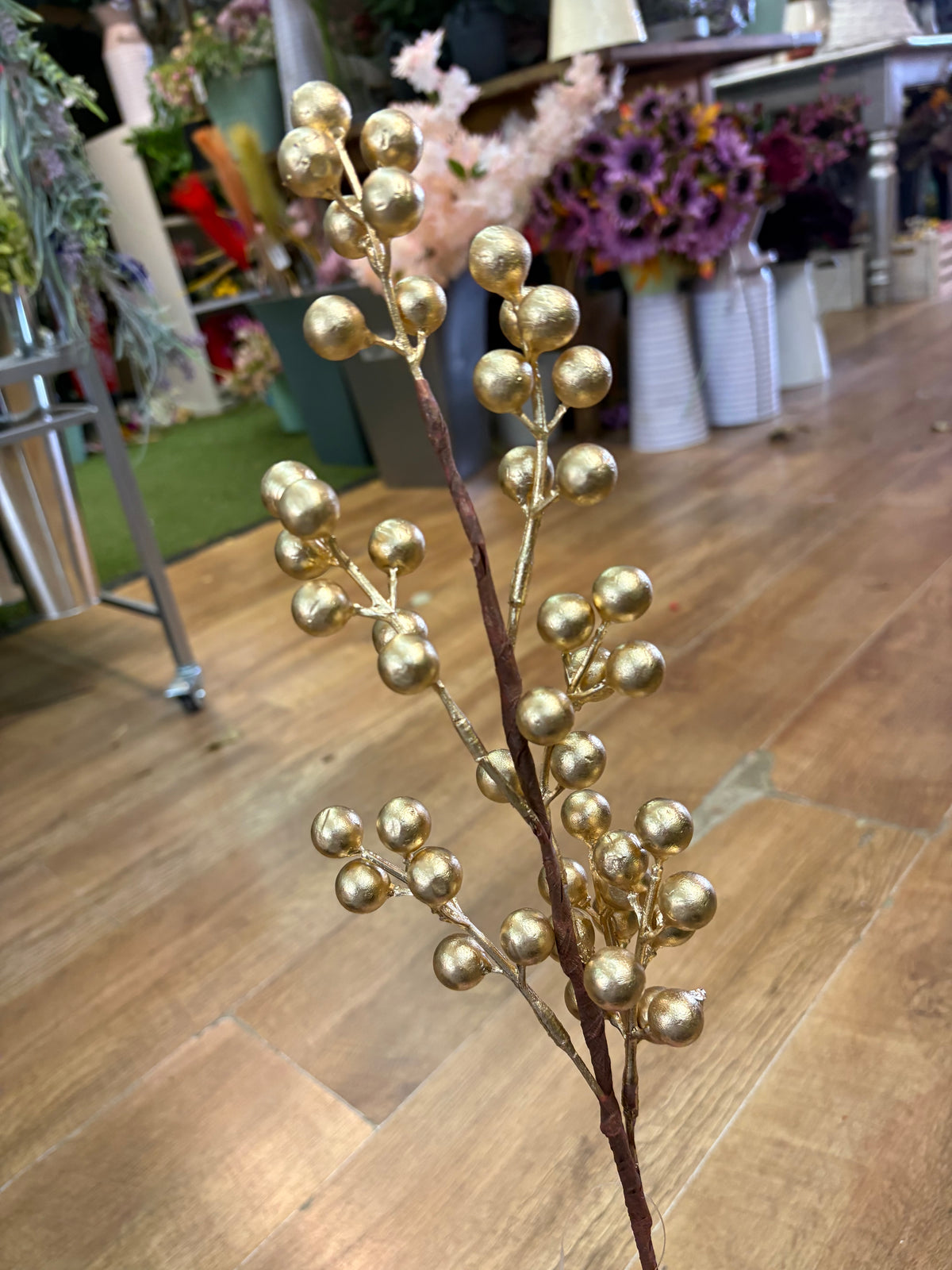 Bundle of 3 long stem metallic gold berry stems