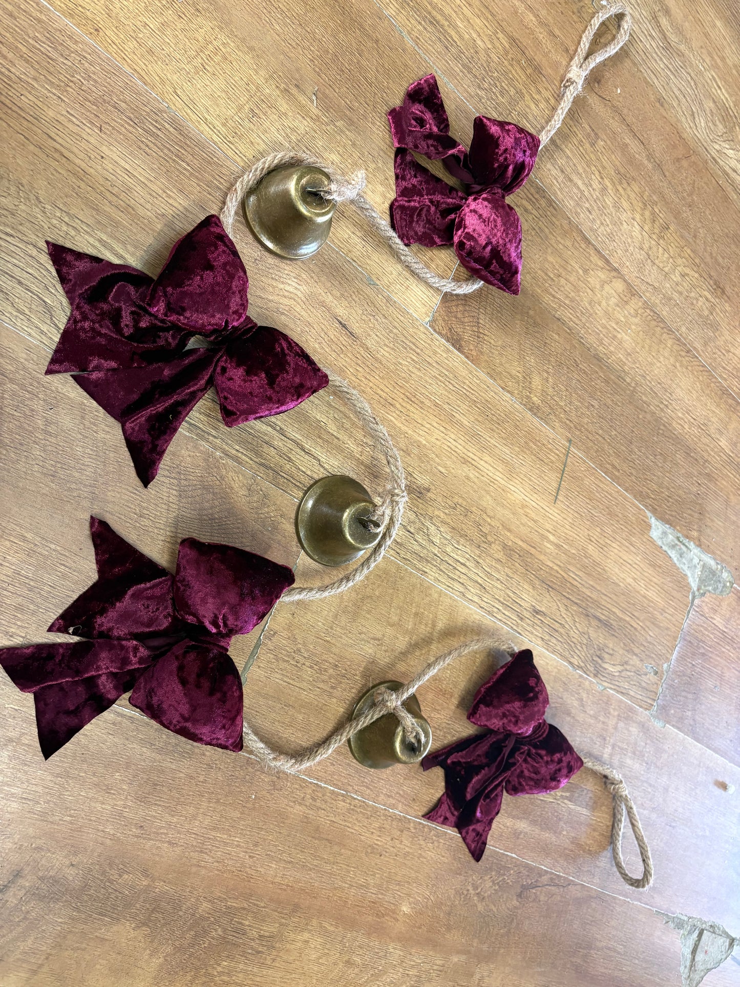 Burgundy velvet bow and Christmas Bell Garland (1.8m Long)