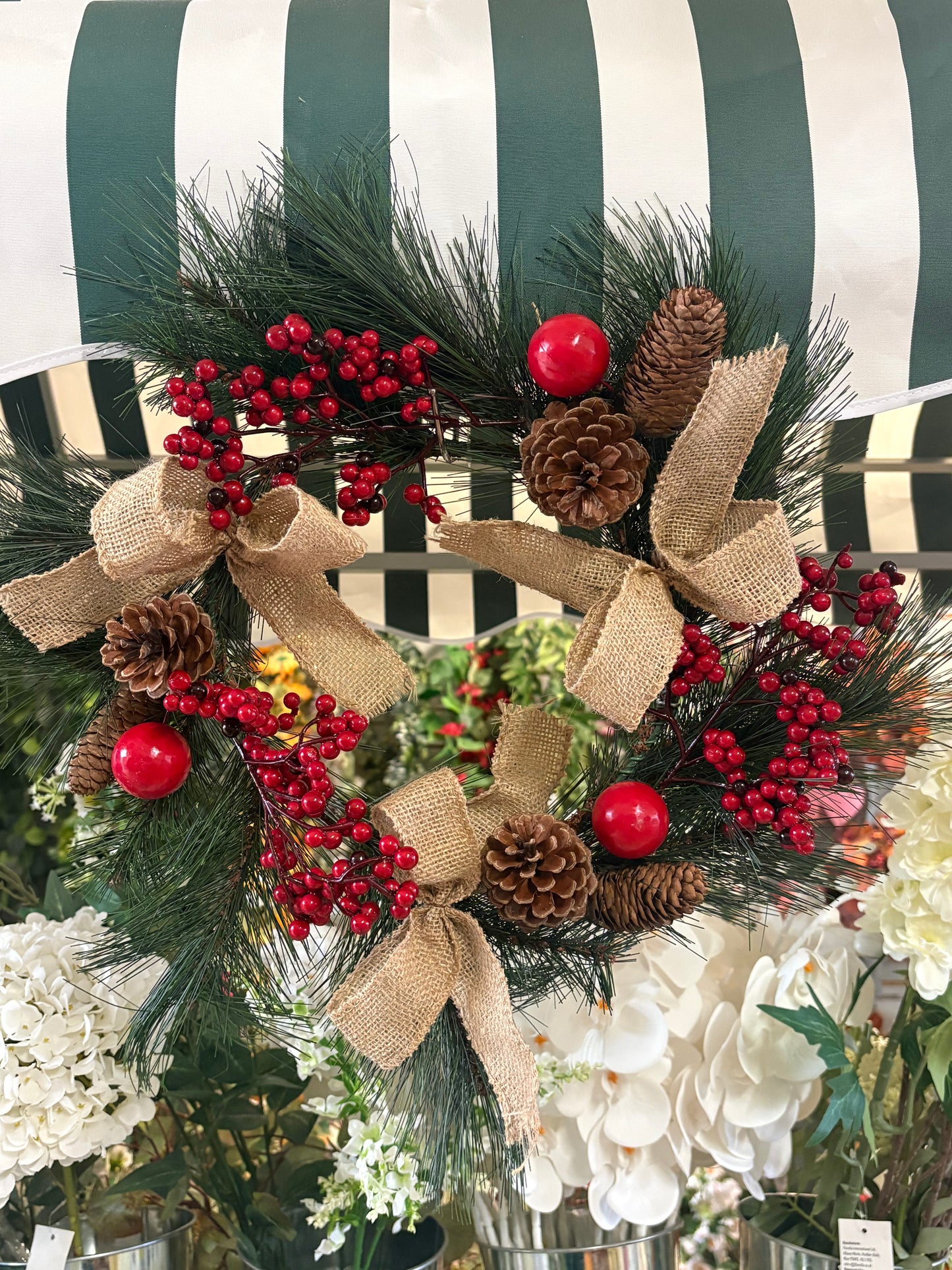 Red berry, cone and bow wreath (40cm from tip to tip)