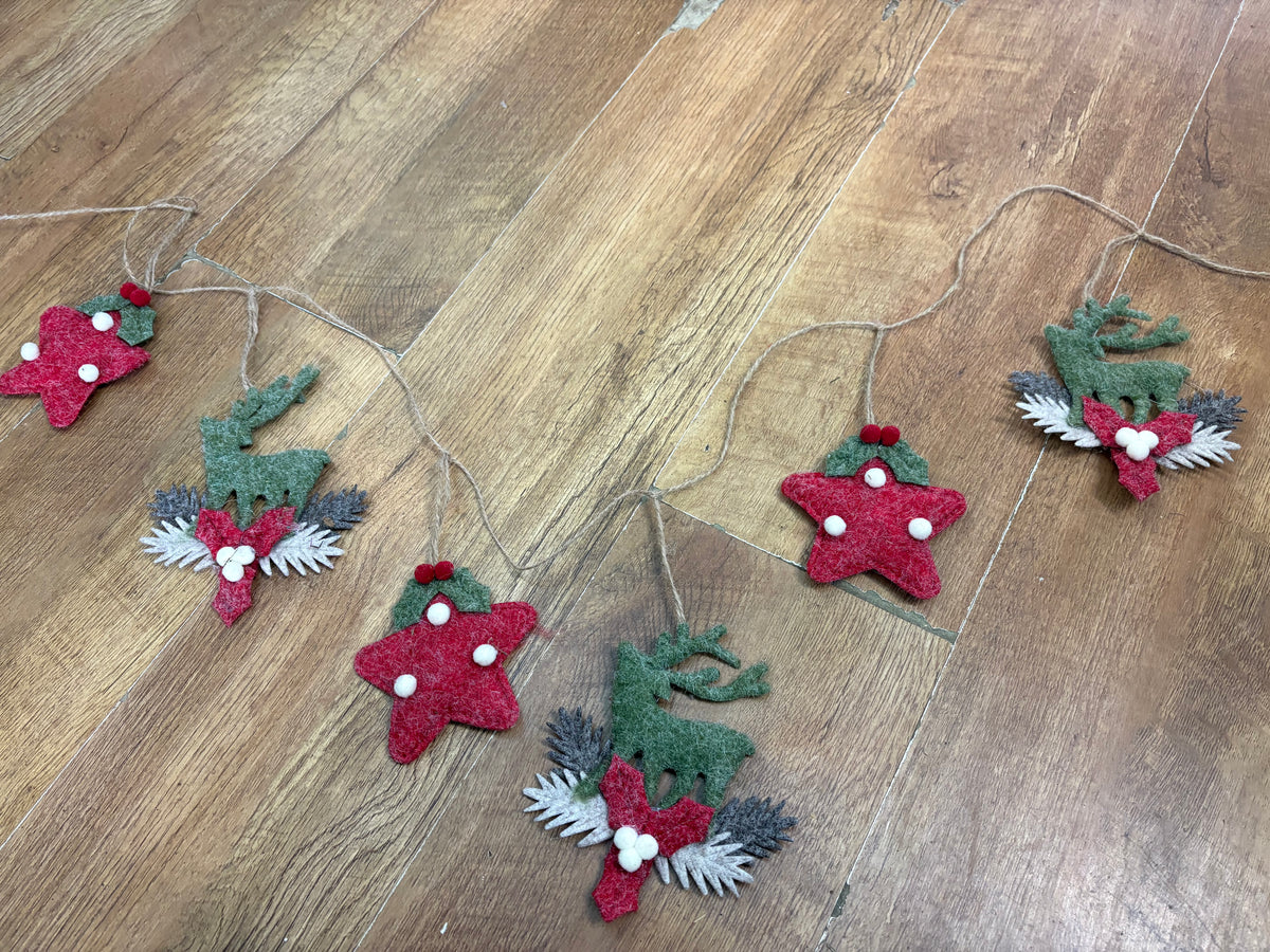 Festive reindeer and star felt garland
