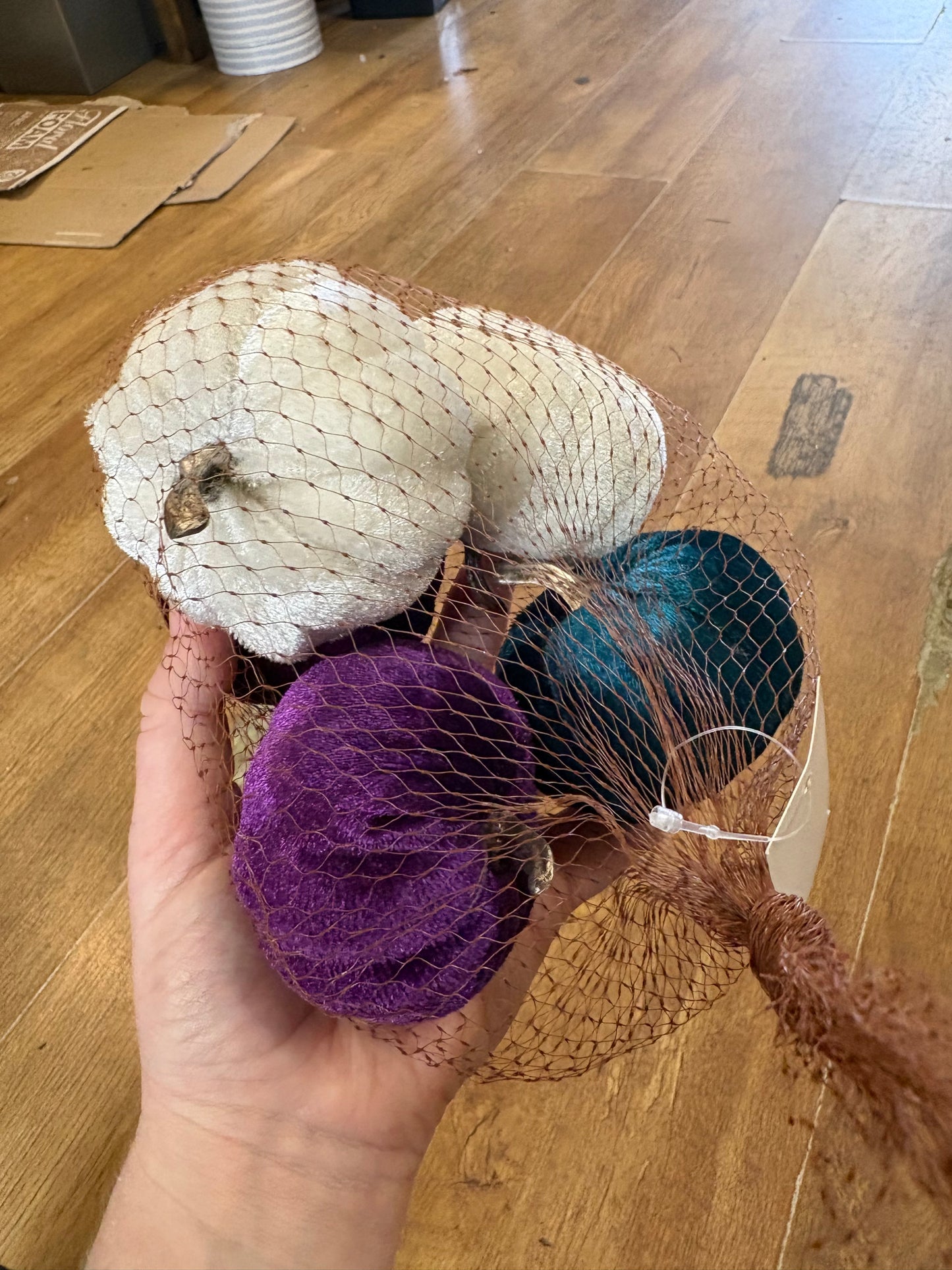 5 purple, teal and ivory small velvet pumpkins